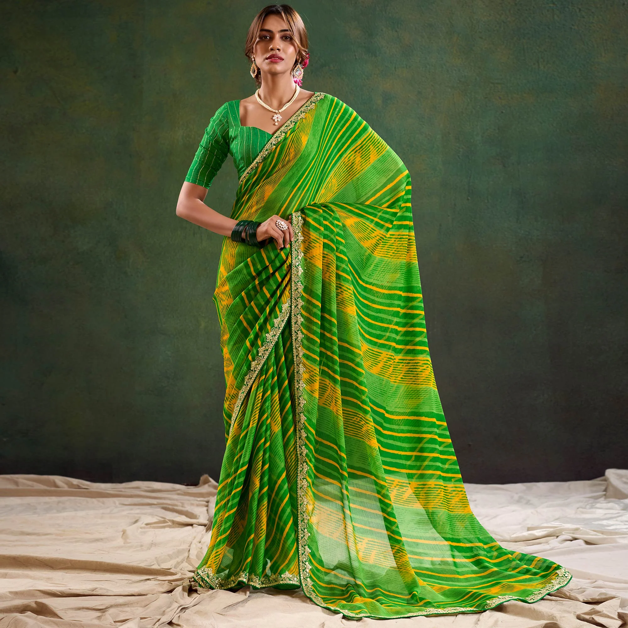 Green Printed Chiffon Saree With Sequins Border - Image 2