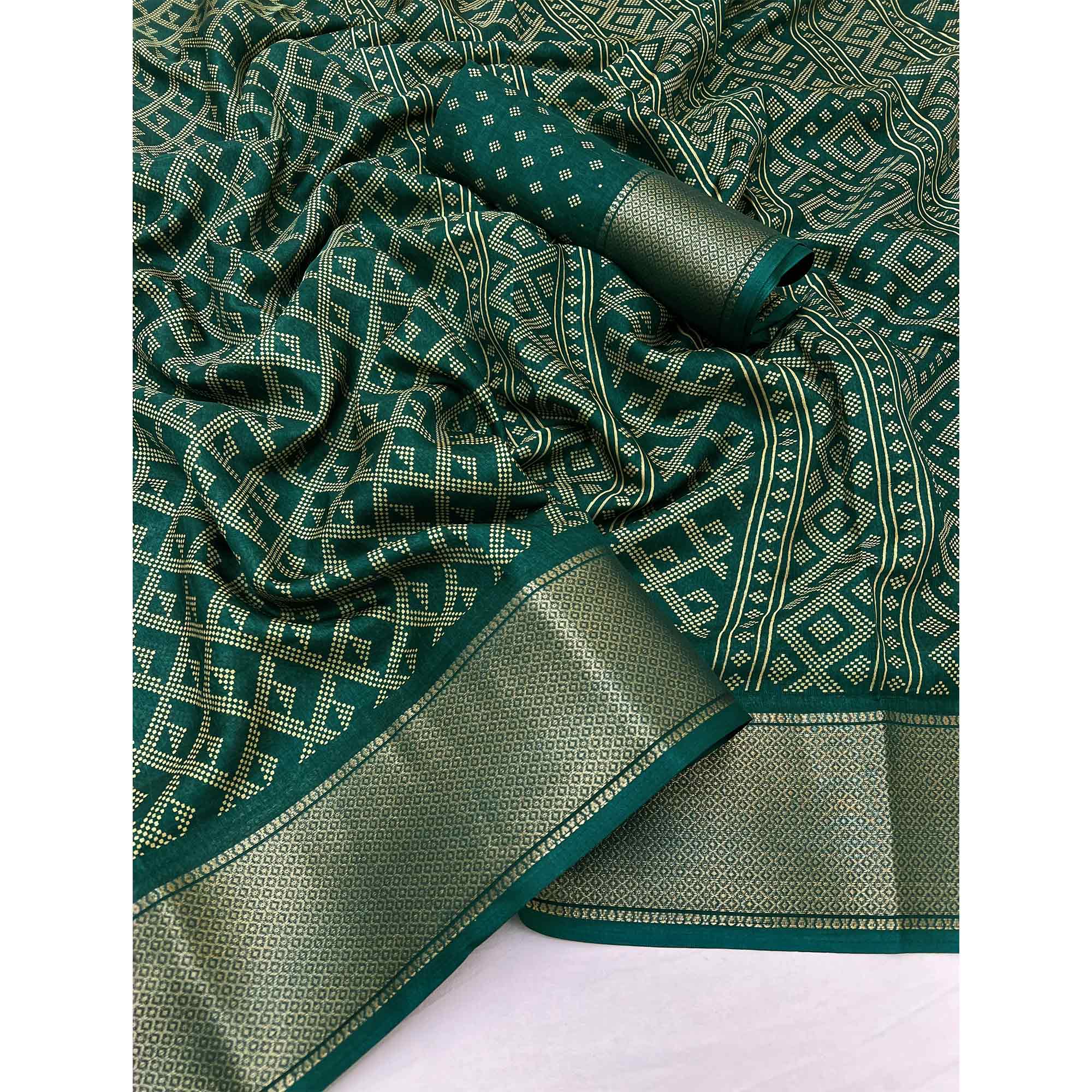 Green Printed Dola Silk Saree With Jacquard Border - Image 3