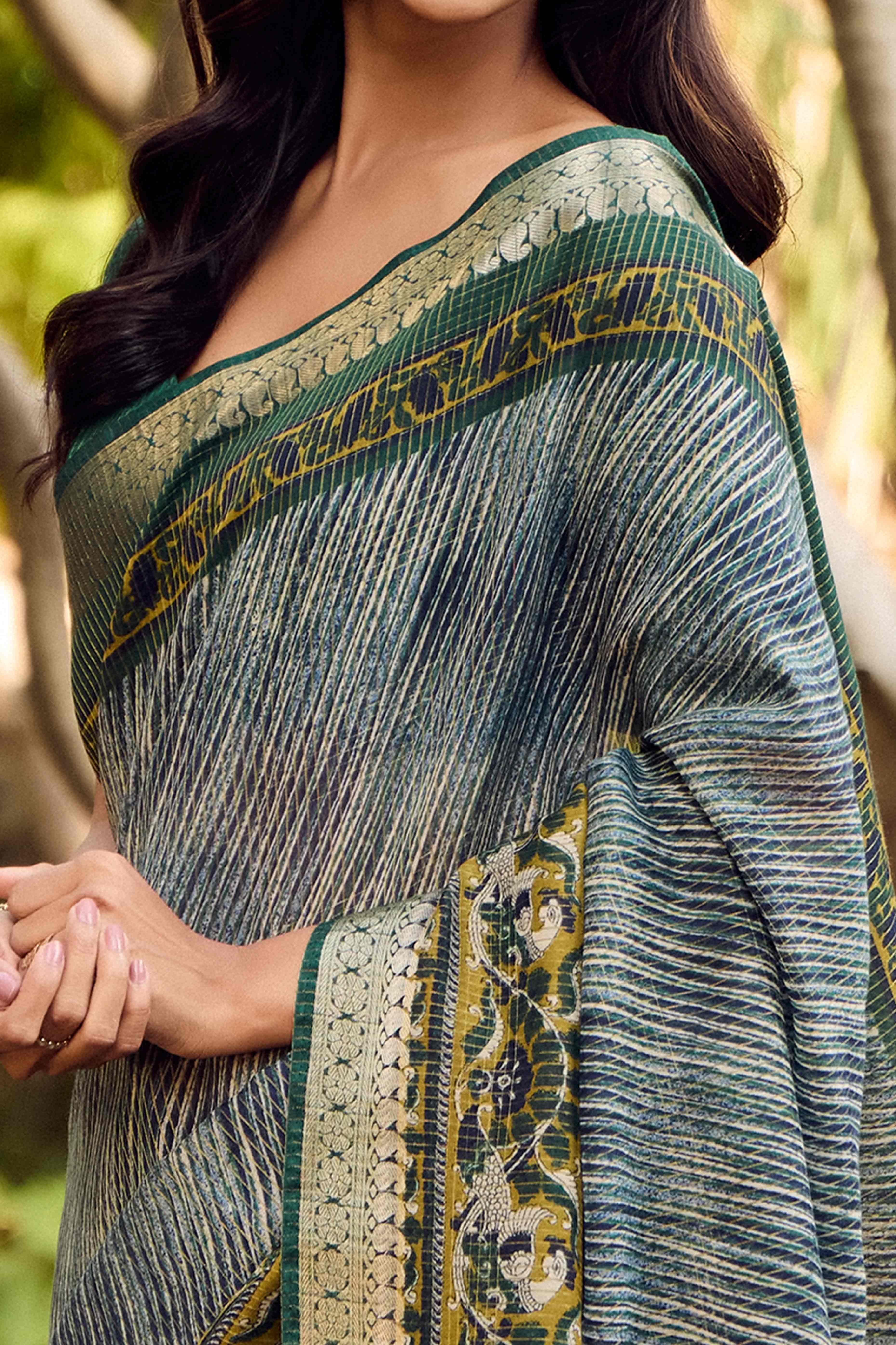 Green Printed Mulmul Cotton Saree With Jacquard Border - Image 2