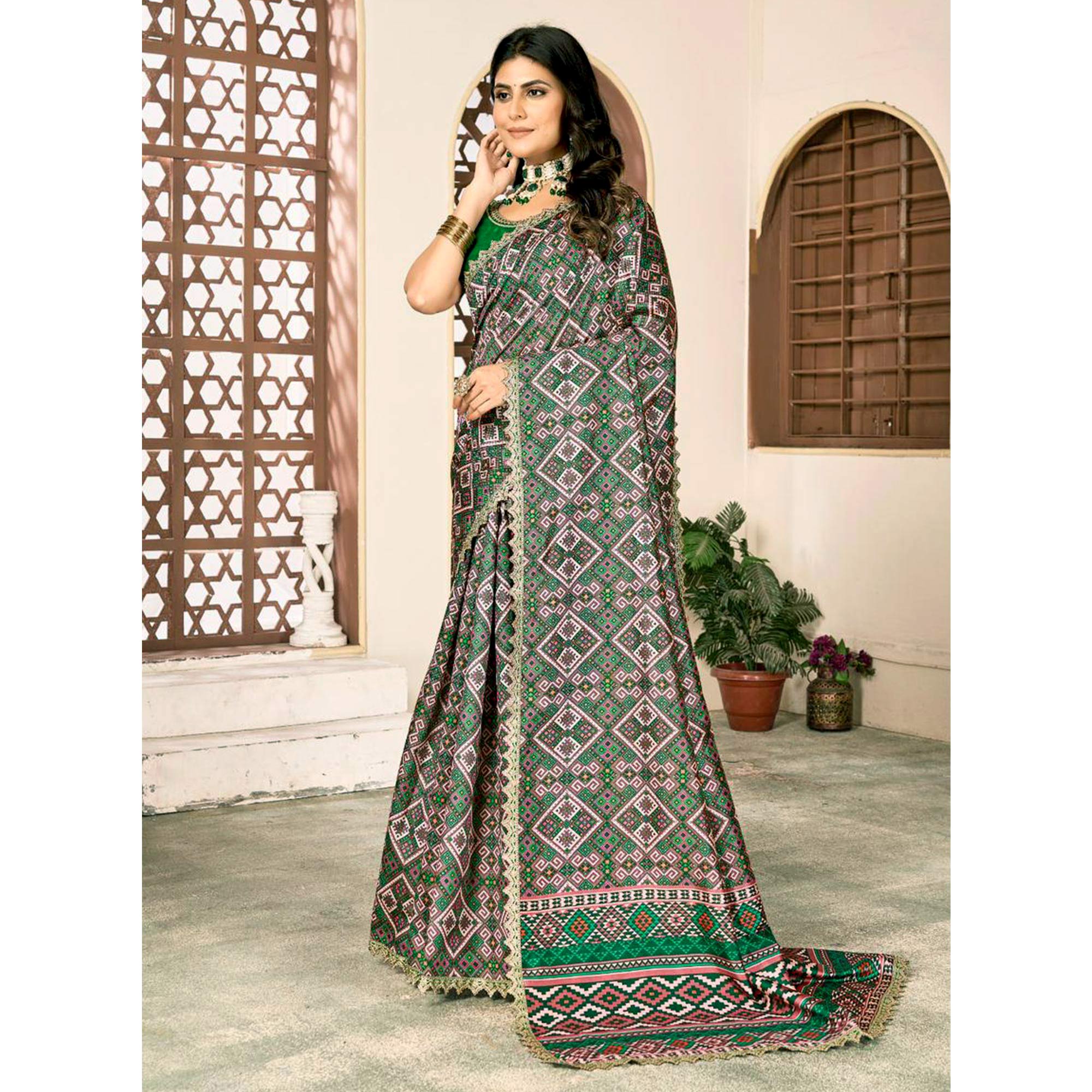 Green Printed Patola Tussar Silk Saree - Image 5