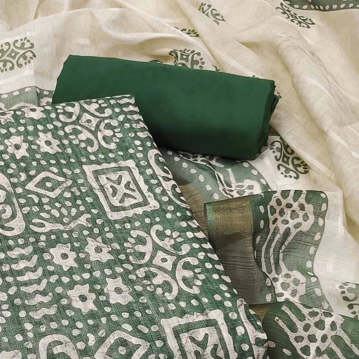Green Printed Pure Cotton Dress Material - Image 2