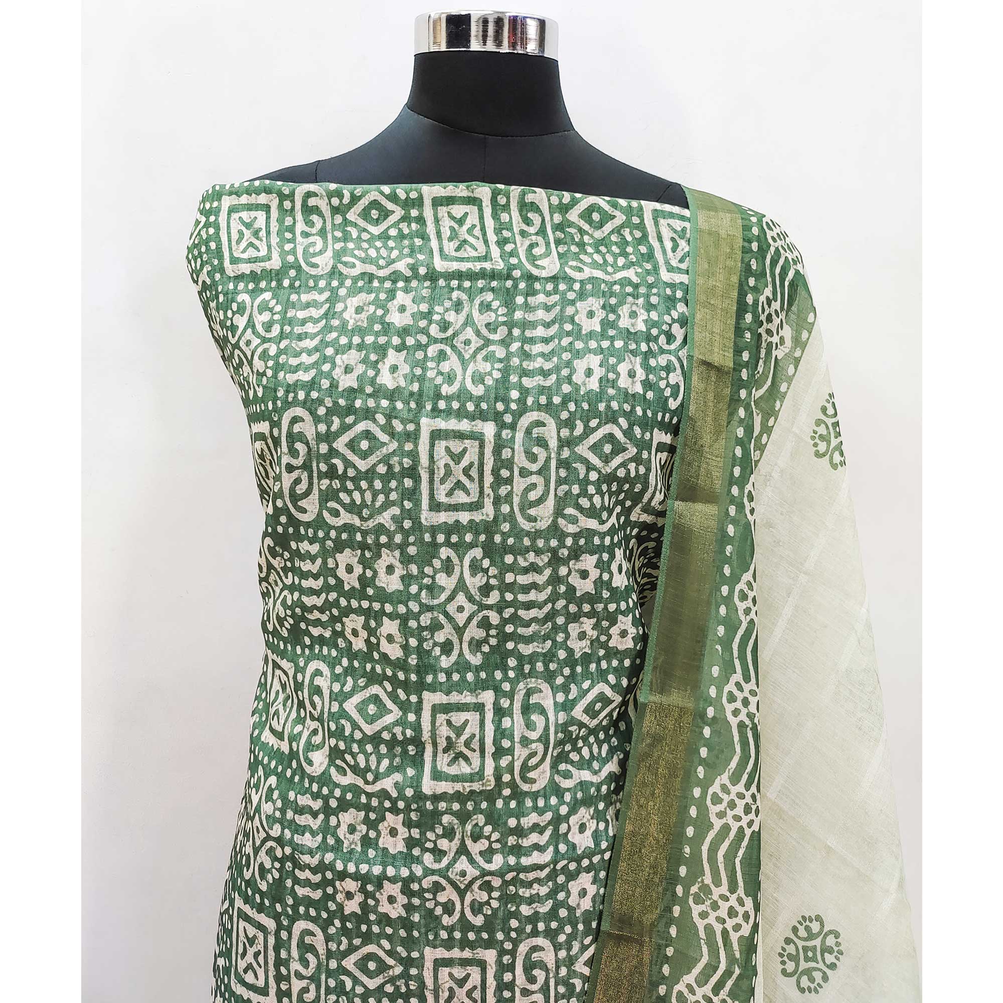 Green Printed Pure Cotton Dress Material - Image 4