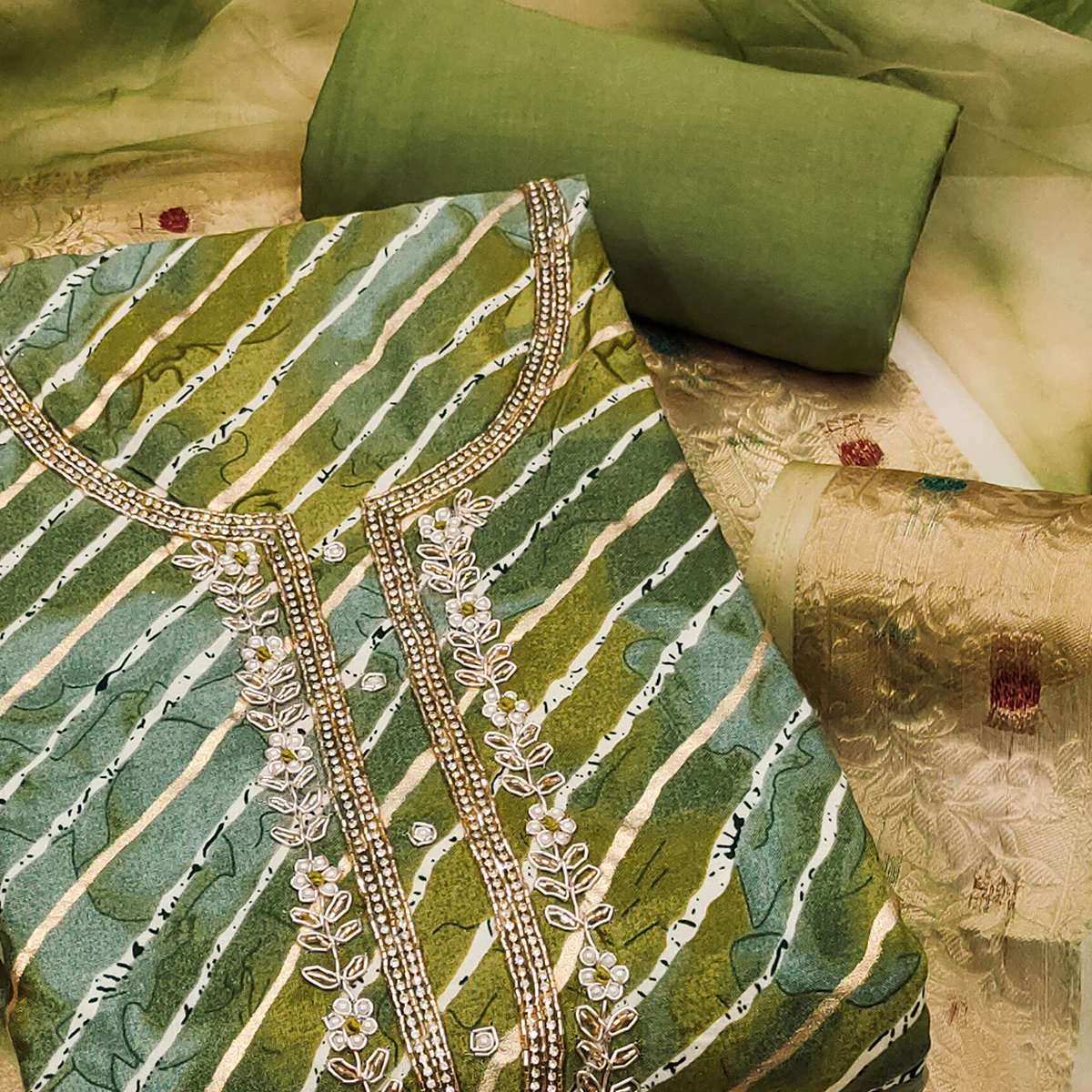 Green Printed With Intricate Moti Handwork Jam Cotton Dress Material - Image 2
