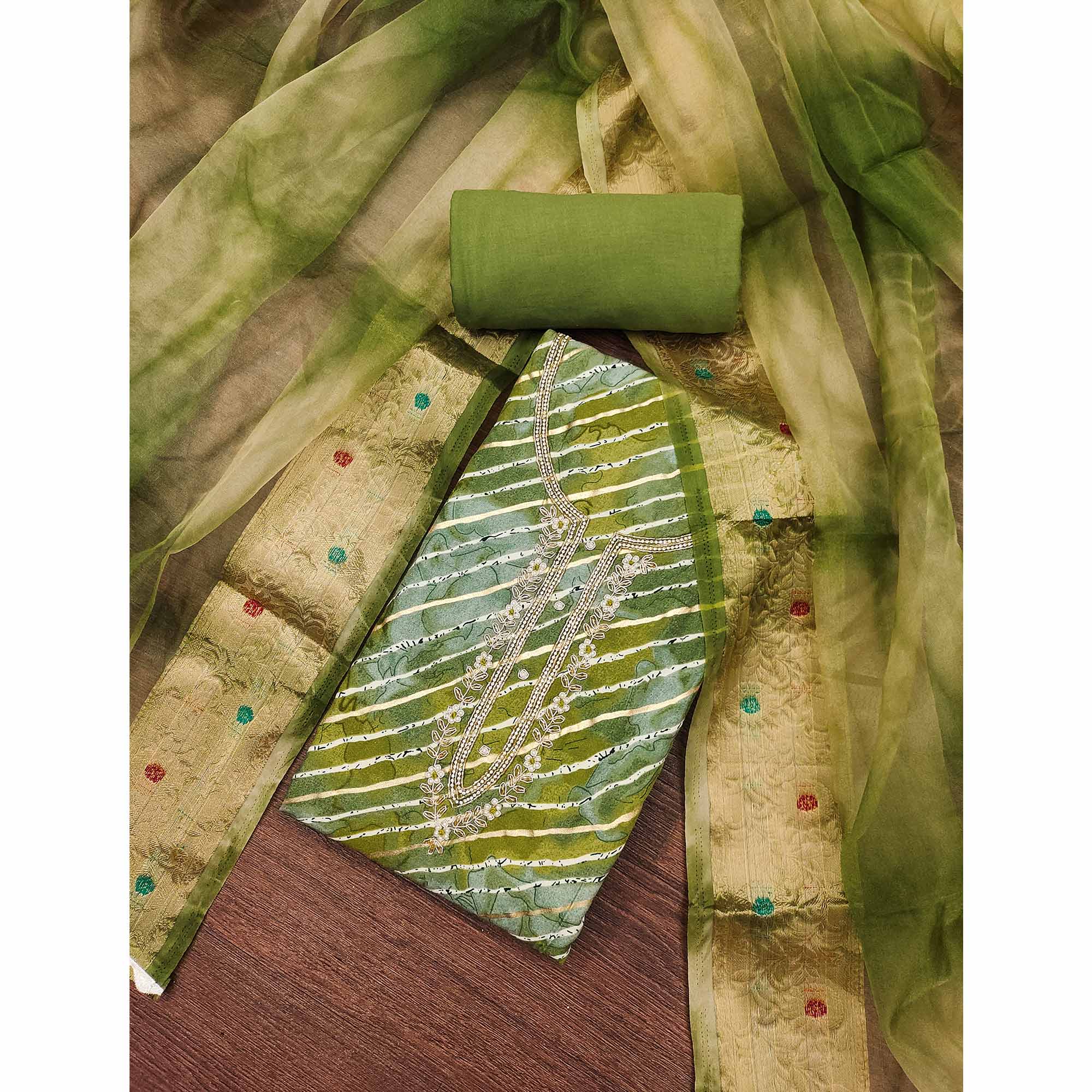 Green Printed With Intricate Moti Handwork Jam Cotton Dress Material - Image 3