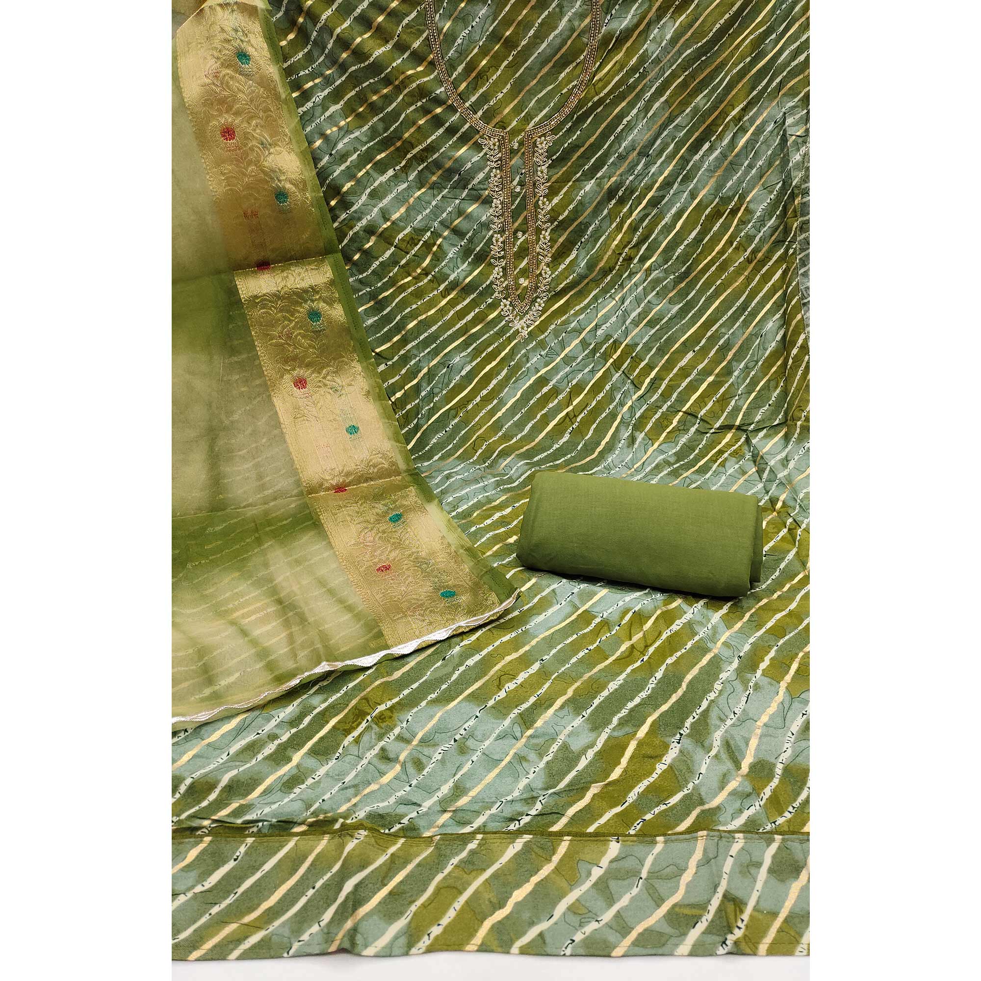 Green Printed With Intricate Moti Handwork Jam Cotton Dress Material - Image 4