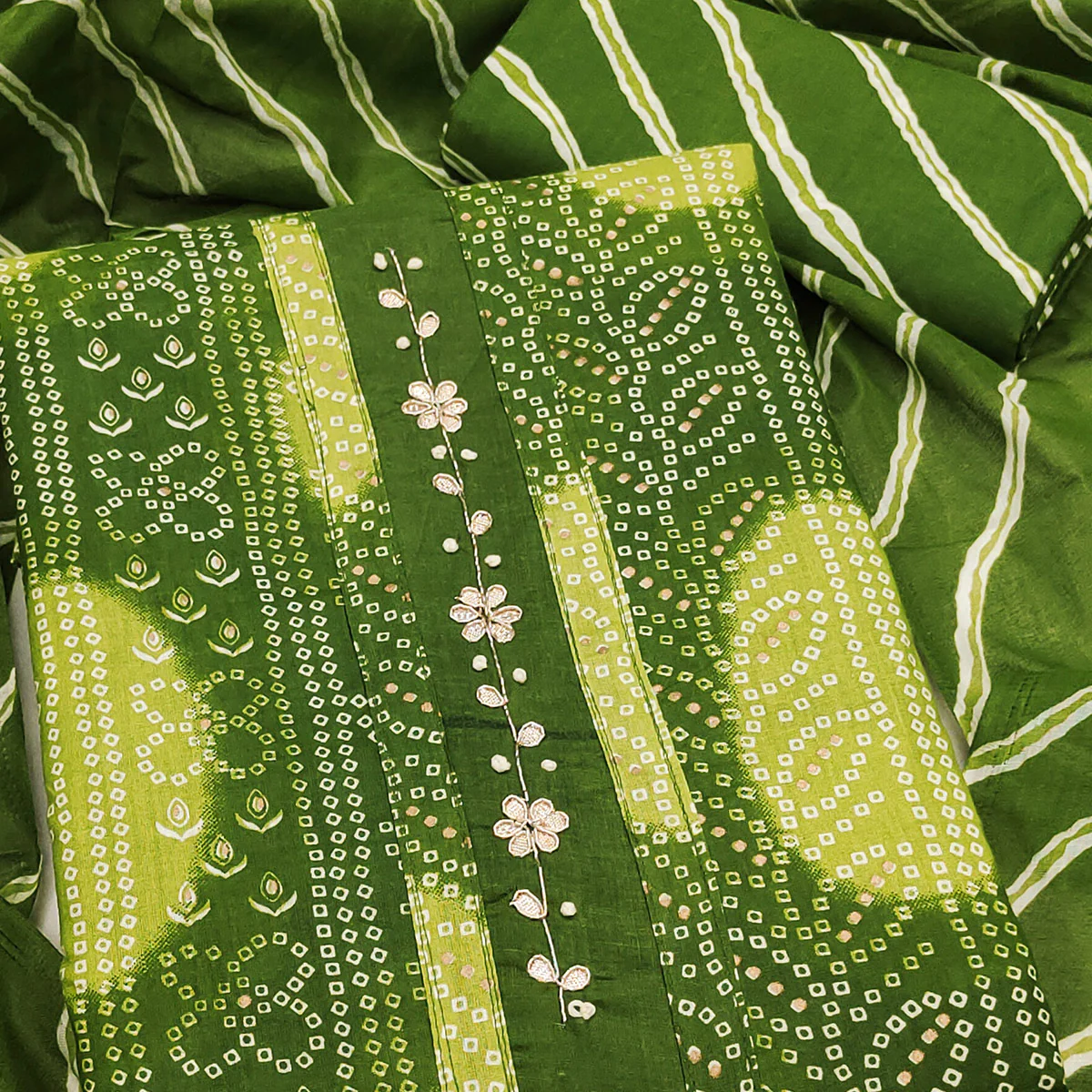 Green Pure Cotton Dress Material Adorned with Bandhani Print & Artistic Floral Handwork Detailing - Image 2