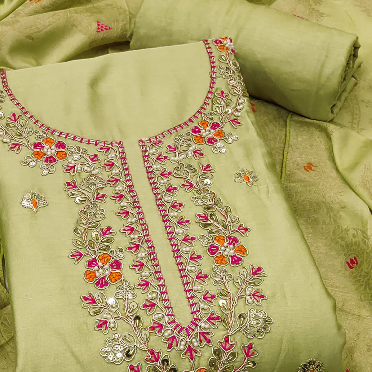 Green Pure Cotton Dress Material Featuring Floral Sequins Cording Embroidery With Moti Handwork - Image 2