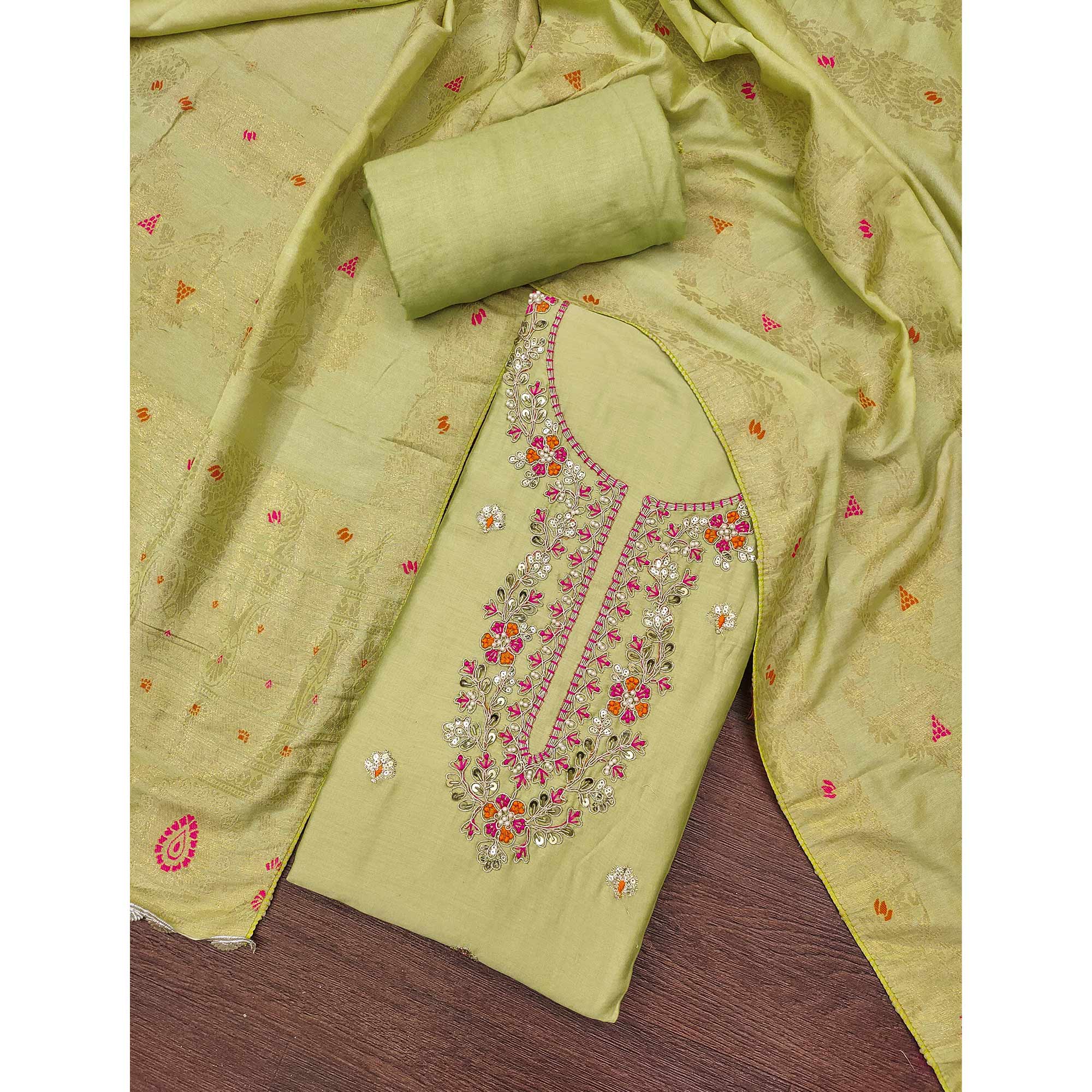 Green Pure Cotton Dress Material Featuring Floral Sequins Cording Embroidery With Moti Handwork - Image 3