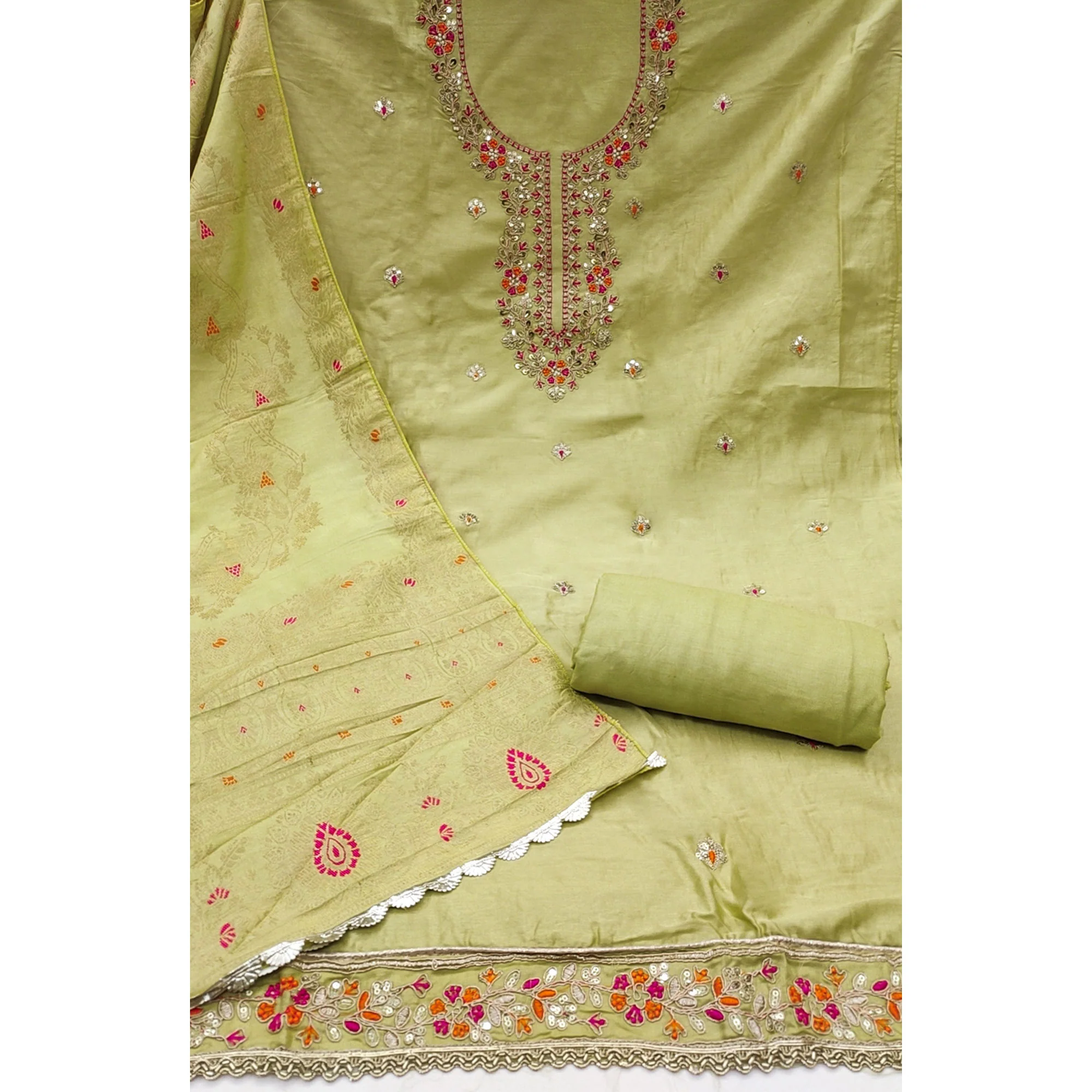 Green Pure Cotton Dress Material Featuring Floral Sequins Cording Embroidery With Moti Handwork - Image 4