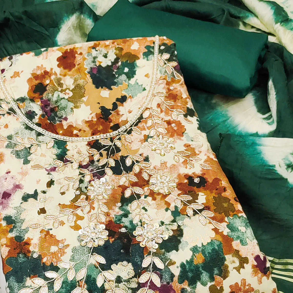 Green Pure Cotton Printed Dress Material Beautified With Moti & Sequins Hand Embellishment - Image 2