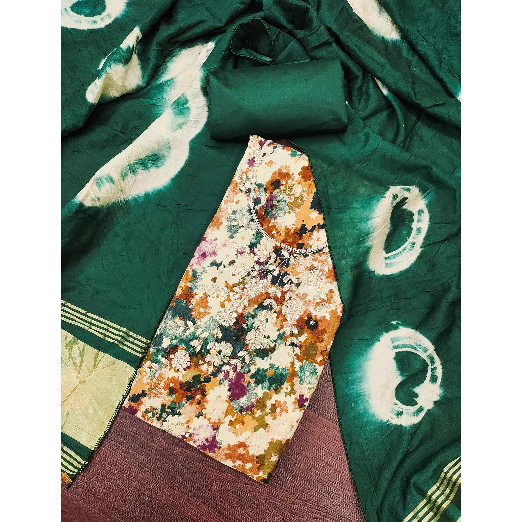 Green Pure Cotton Printed Dress Material Beautified With Moti & Sequins Hand Embellishment - Image 3