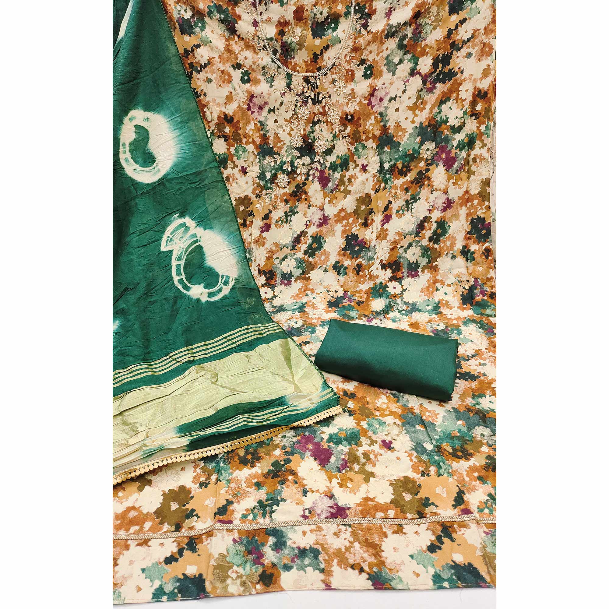 Green Pure Cotton Printed Dress Material Beautified With Moti & Sequins Hand Embellishment - Image 4