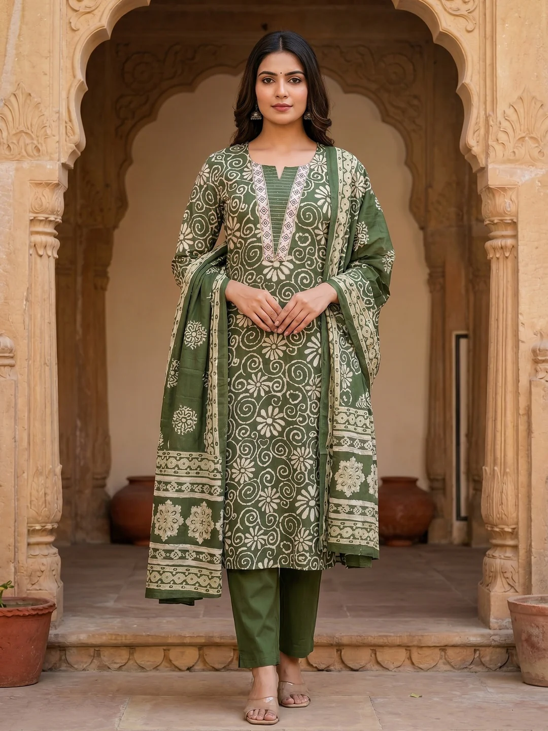 Green Pure Cotton Printed Straight Cut Salwar Suit Set for Women