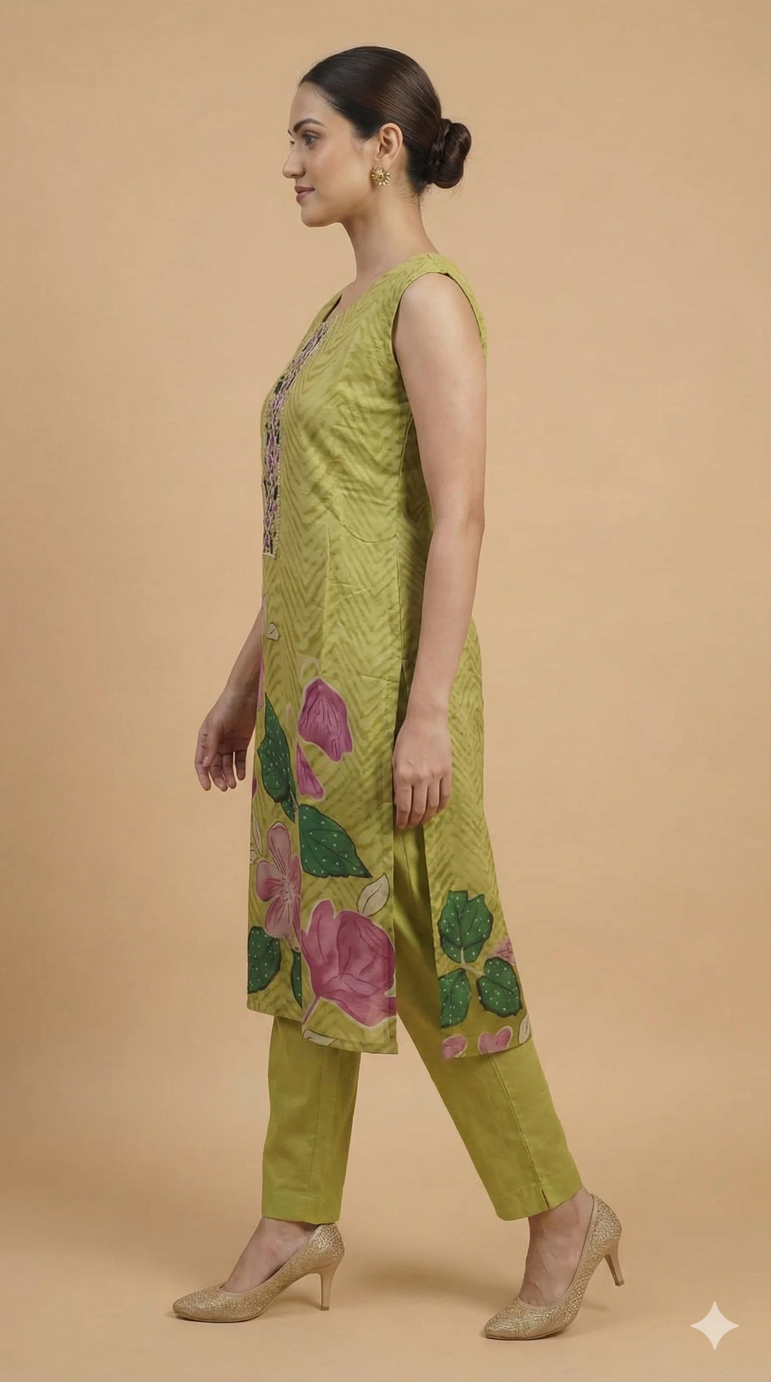 Green Pure Cotton Straight Cut Salwar Suit Showcasing Mirror Work and Graceful Floral Prints - Image 4