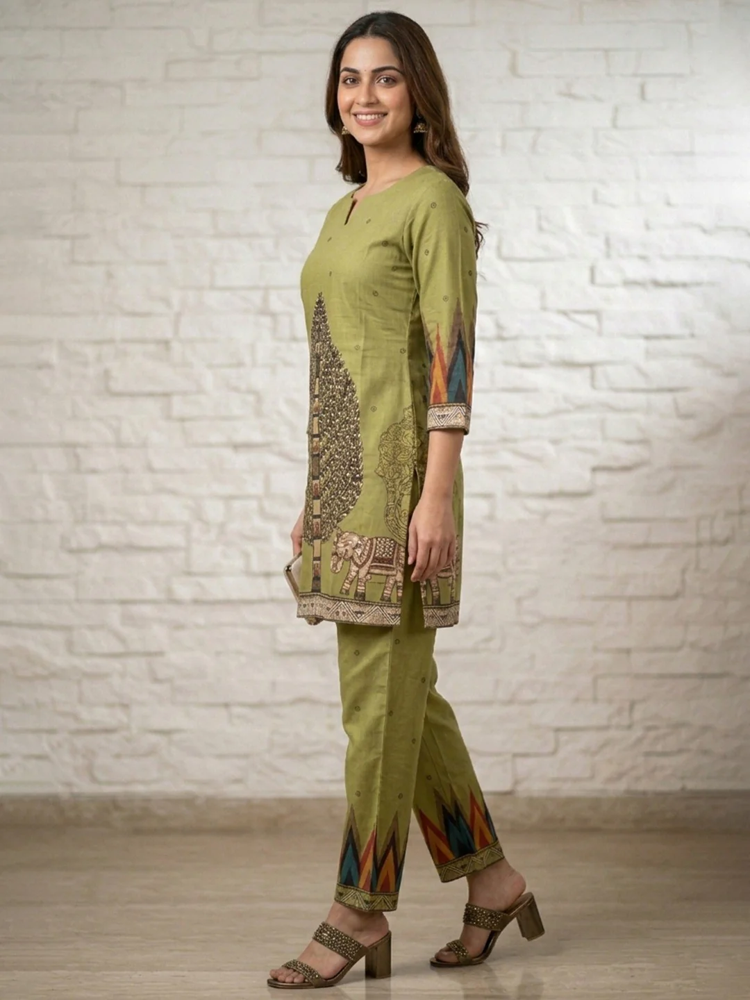 Green Pure Cotton Top Bottom Set with Tree & Elephant Print - Image 2