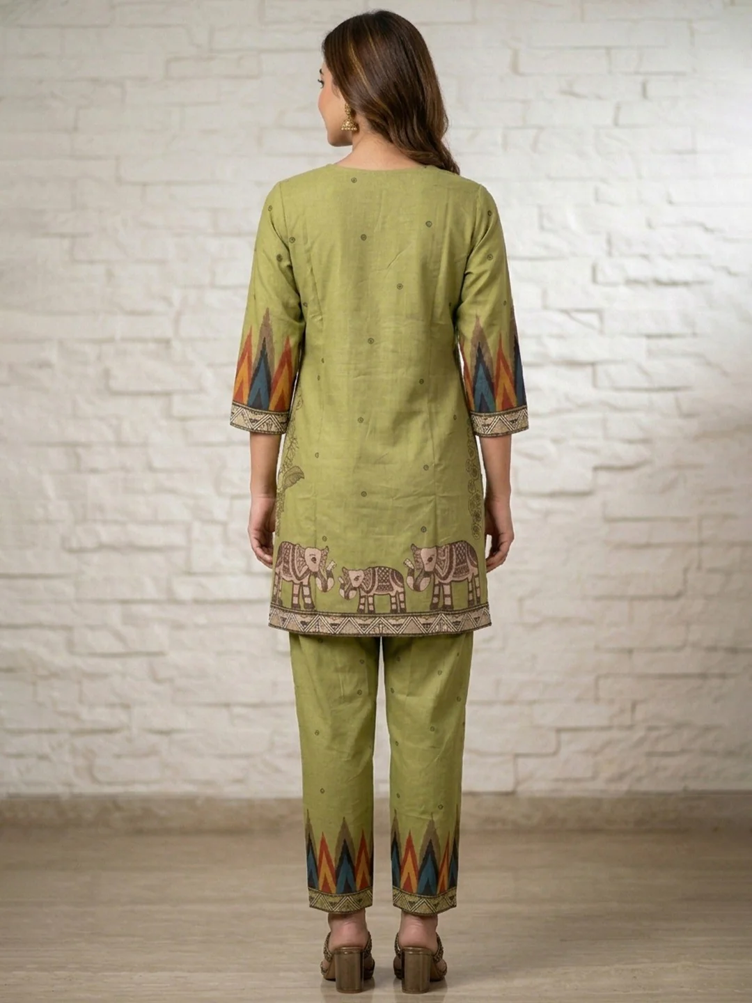 Green Pure Cotton Top Bottom Set with Tree & Elephant Print - Image 3