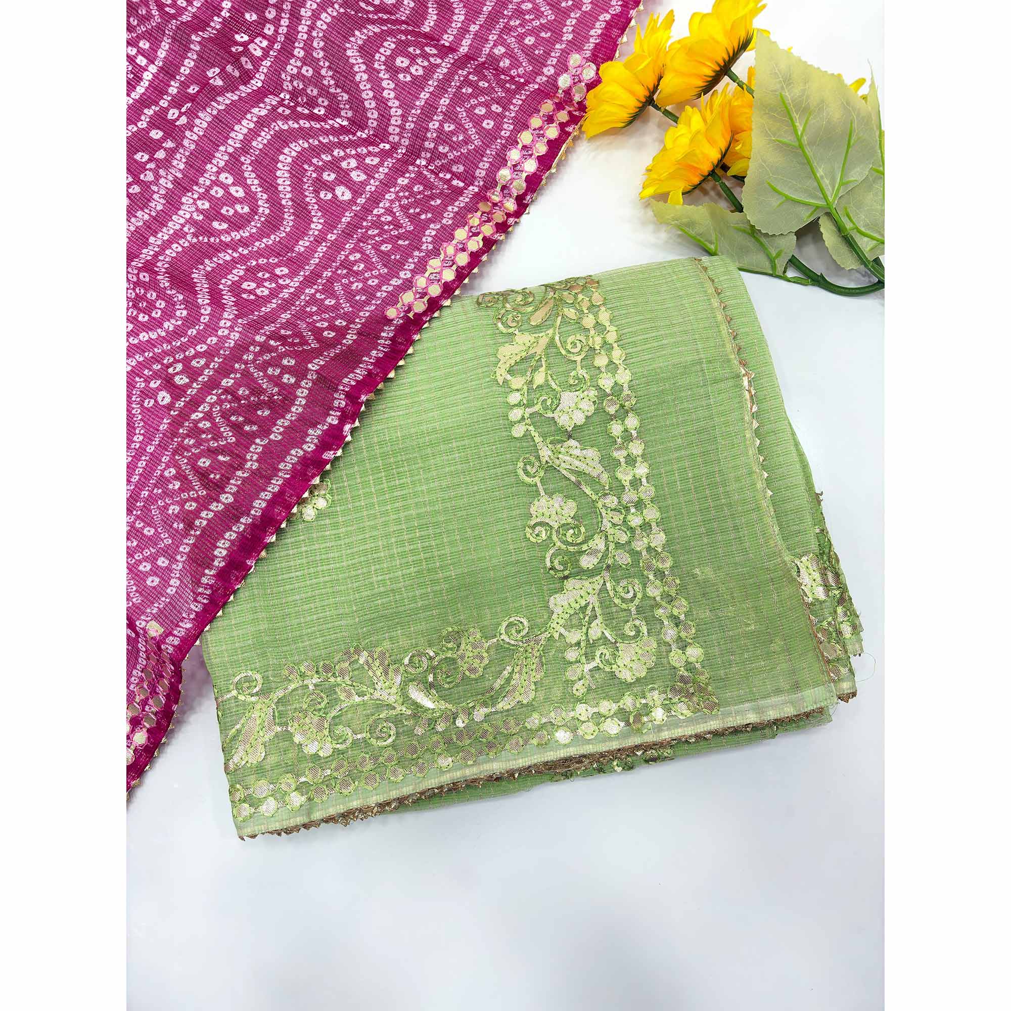Green Pure Kota Doria Saree Adorned with Exquisite Gota Work Embroidery - Image 5