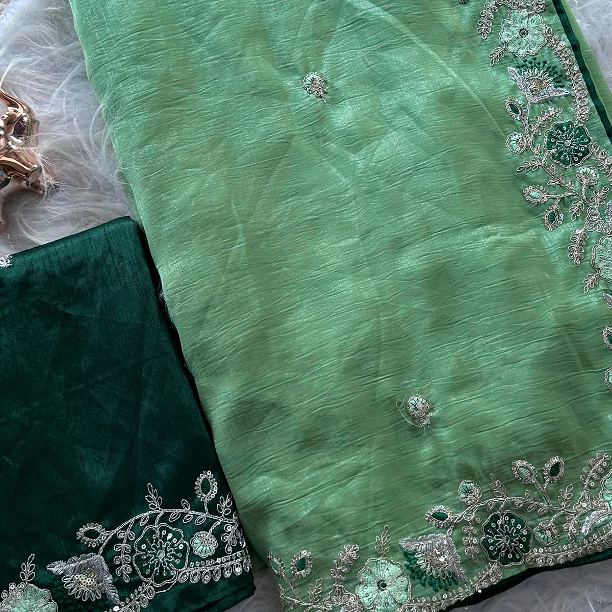 Green Pure Silk Saree Showcasing Floral Sequins Embroidery With A Decorative Tassel Pallu - Image 2