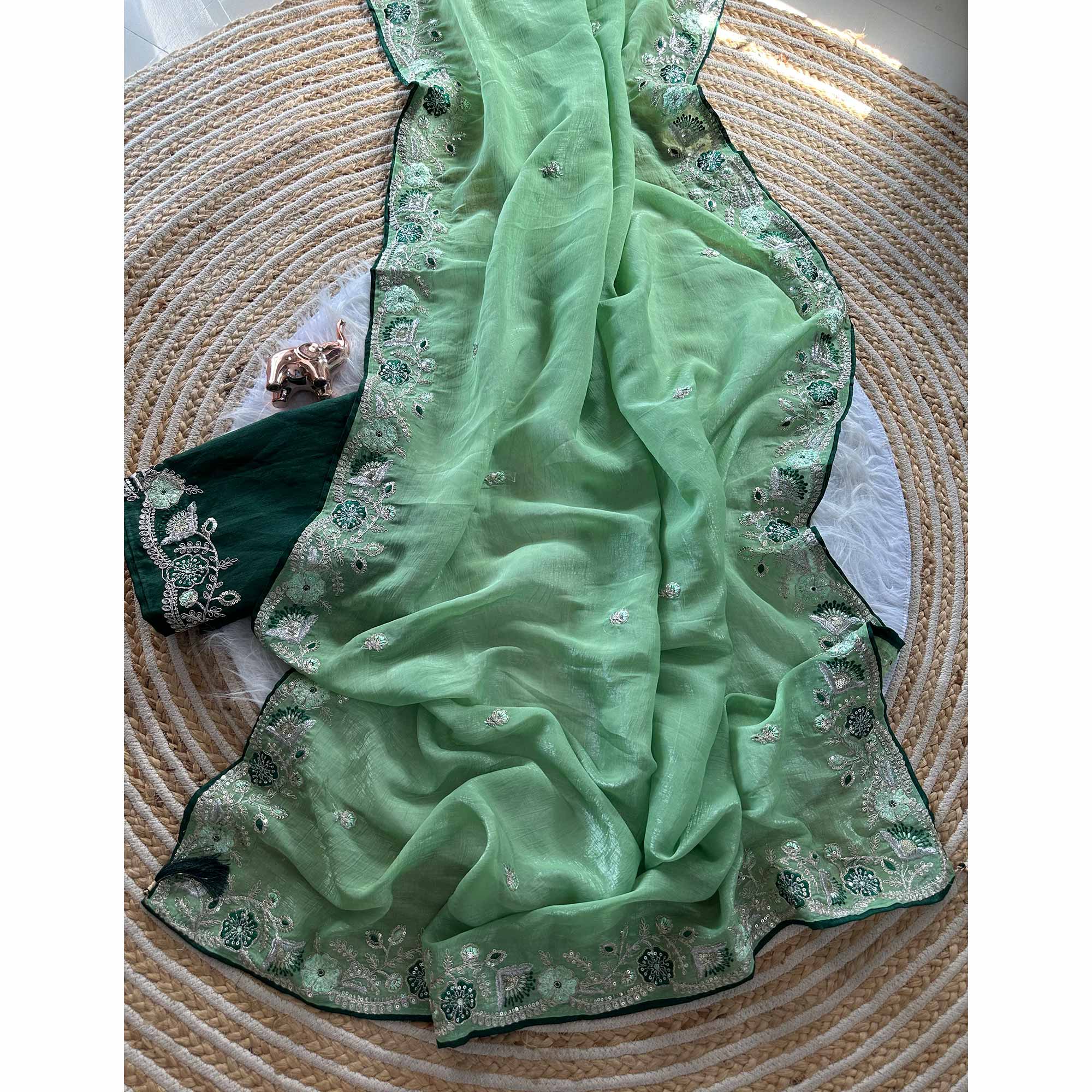 Green Pure Silk Saree Showcasing Floral Sequins Embroidery With A Decorative Tassel Pallu - Image 3