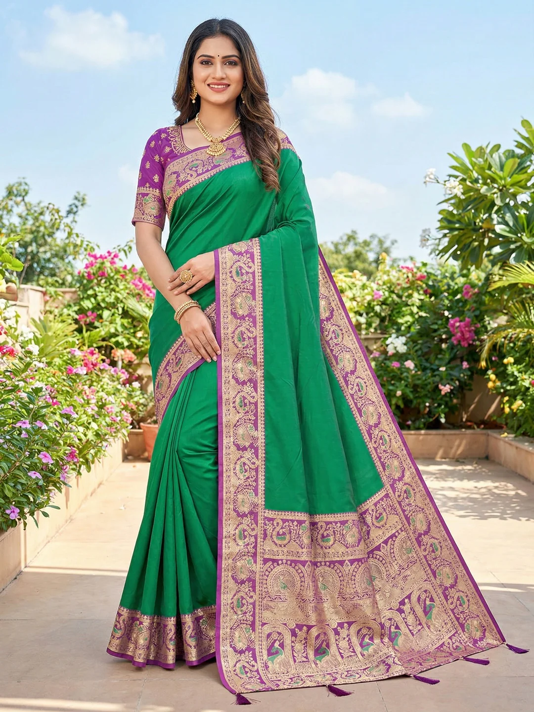 Green Pure Silk Saree with Detailed Woven Border and Stitched Blouse for Elegant Styling