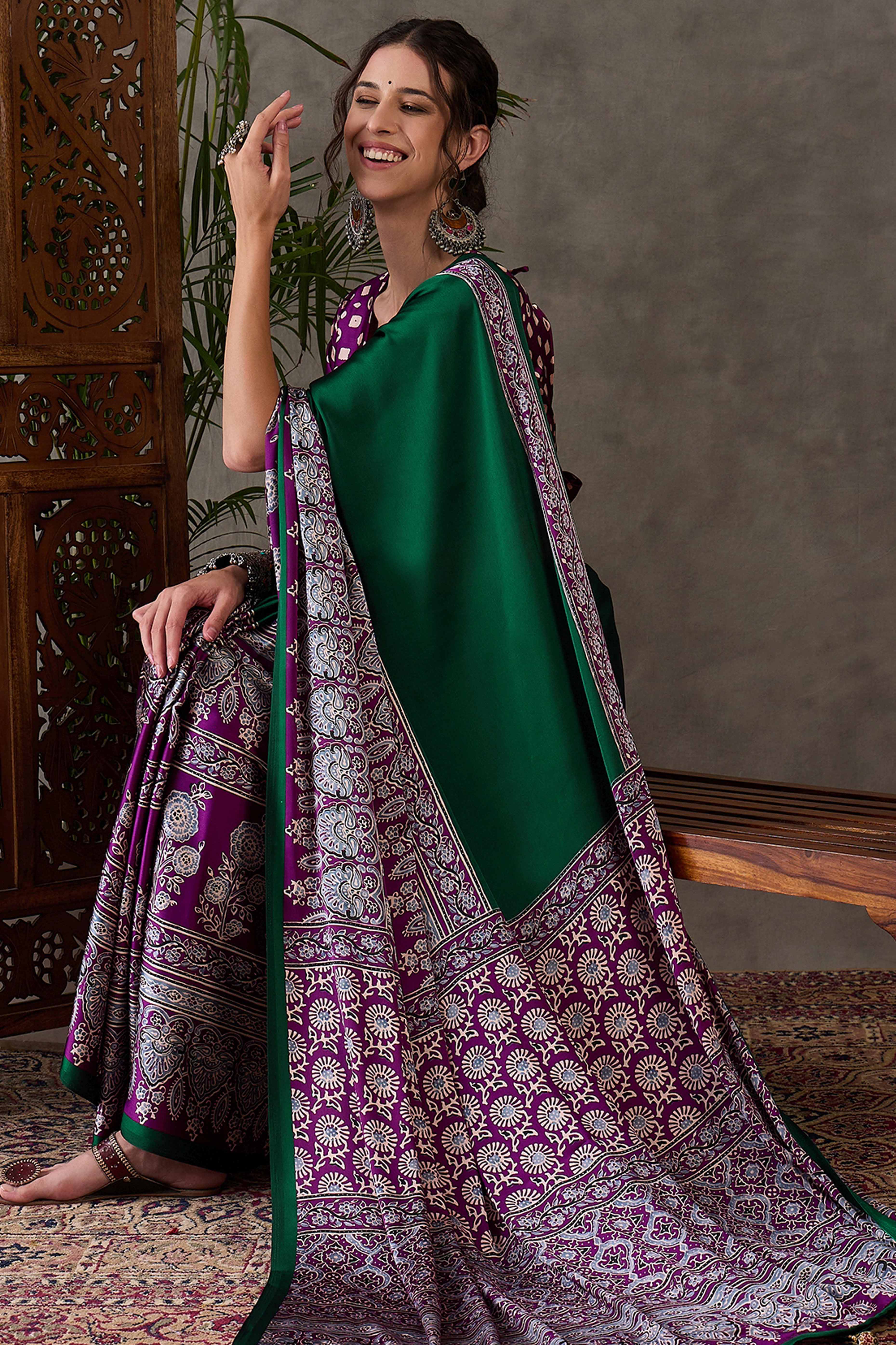 Green & Purple Ajrakh Printed Modal Satin Saree with Elegant Party Wear Appeal - Image 6
