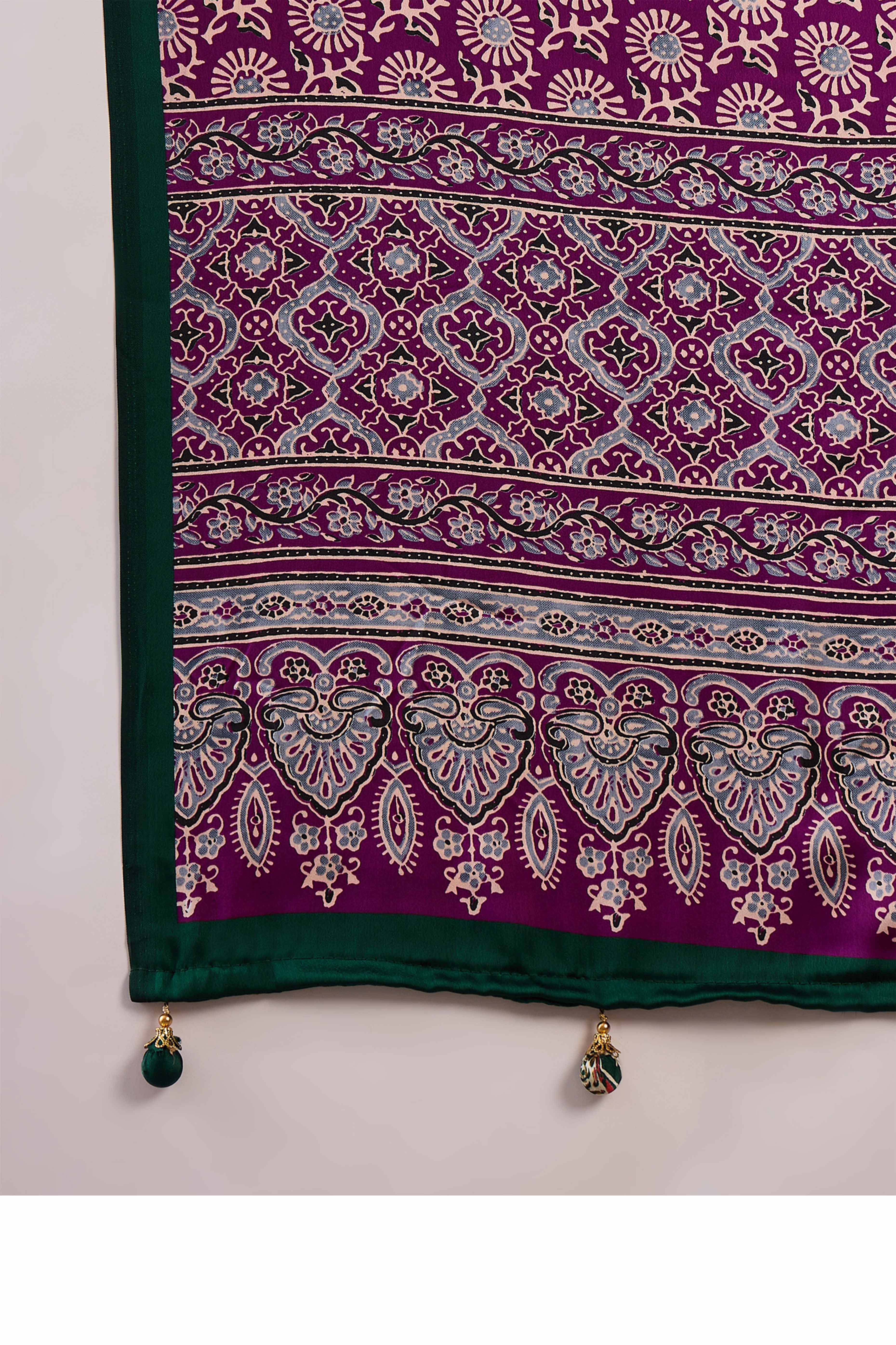 Green & Purple Ajrakh Printed Modal Satin Saree with Elegant Party Wear Appeal - Image 8