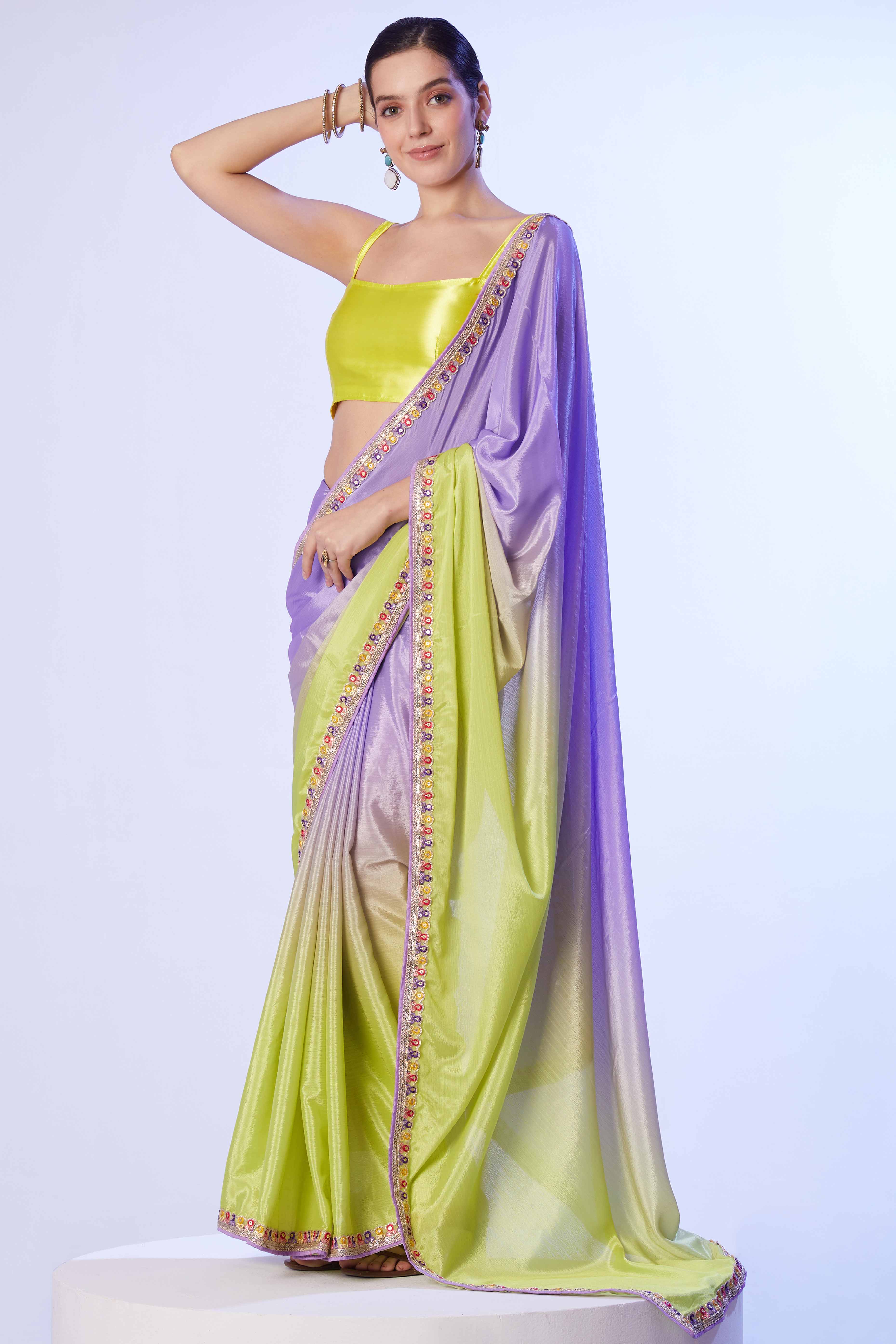 Green & Purple Ombre Bliss Chinon Solid Saree - Image 3