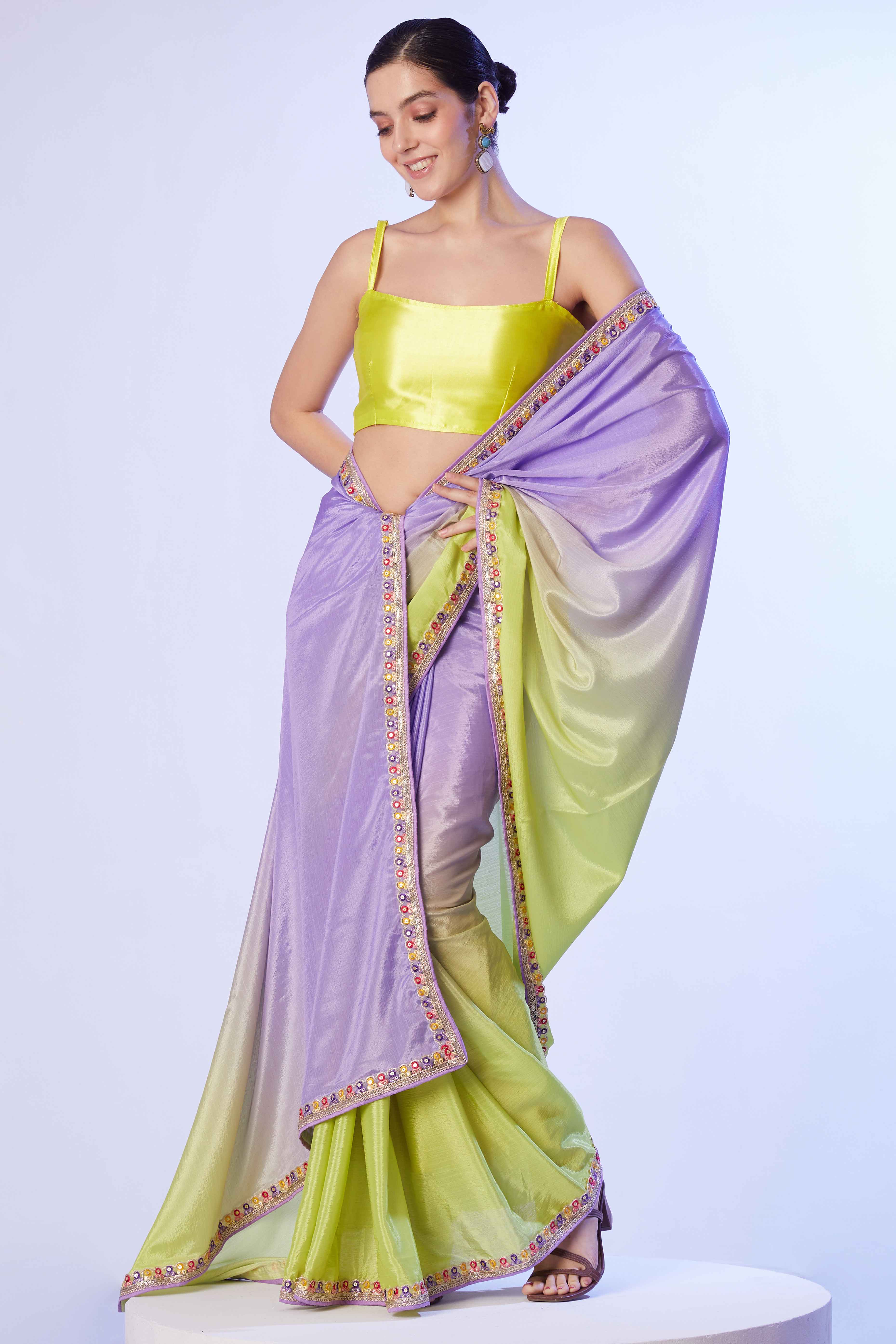 Green & Purple Ombre Bliss Chinon Solid Saree - Image 4