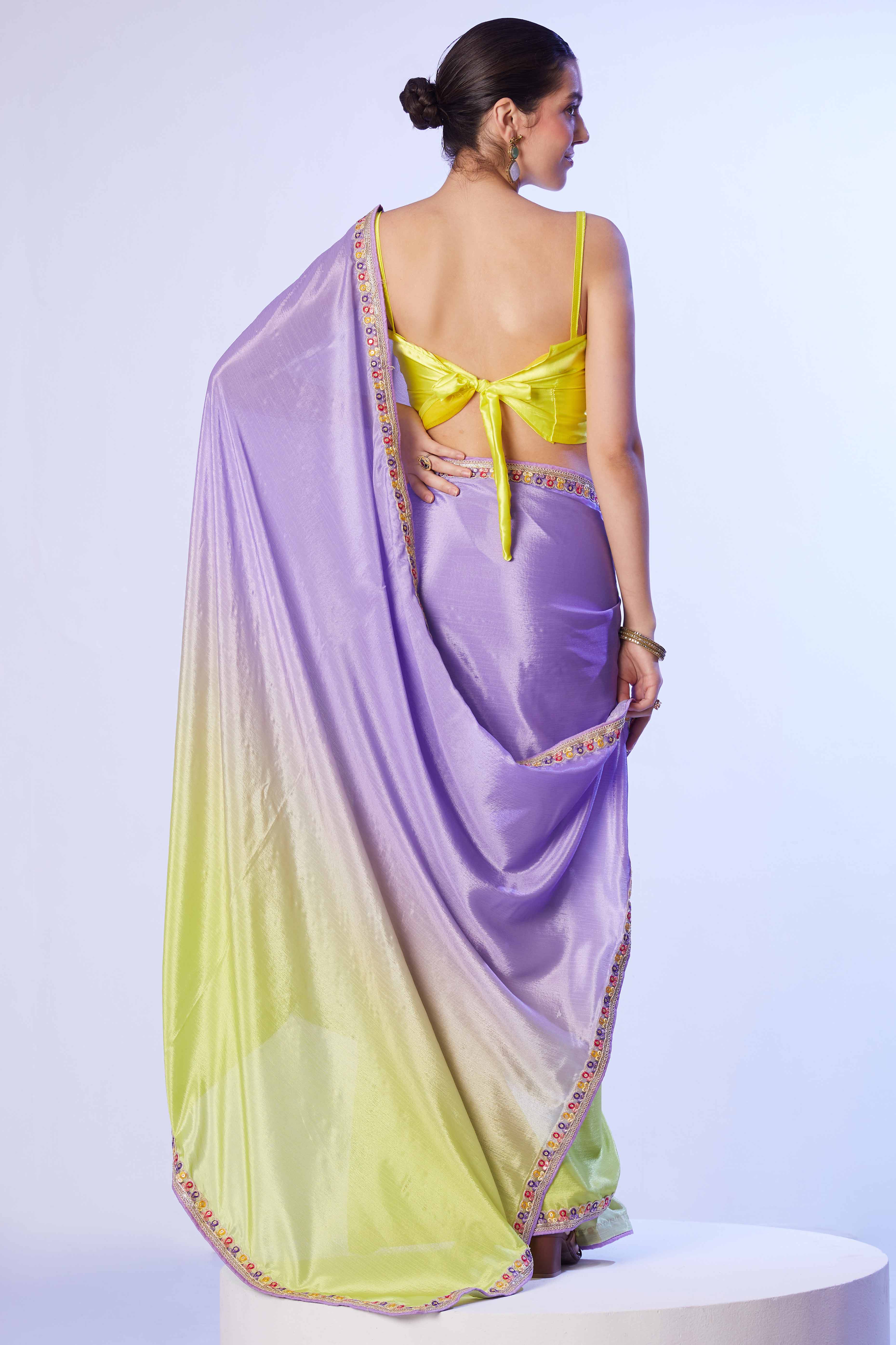 Green & Purple Ombre Bliss Chinon Solid Saree - Image 5