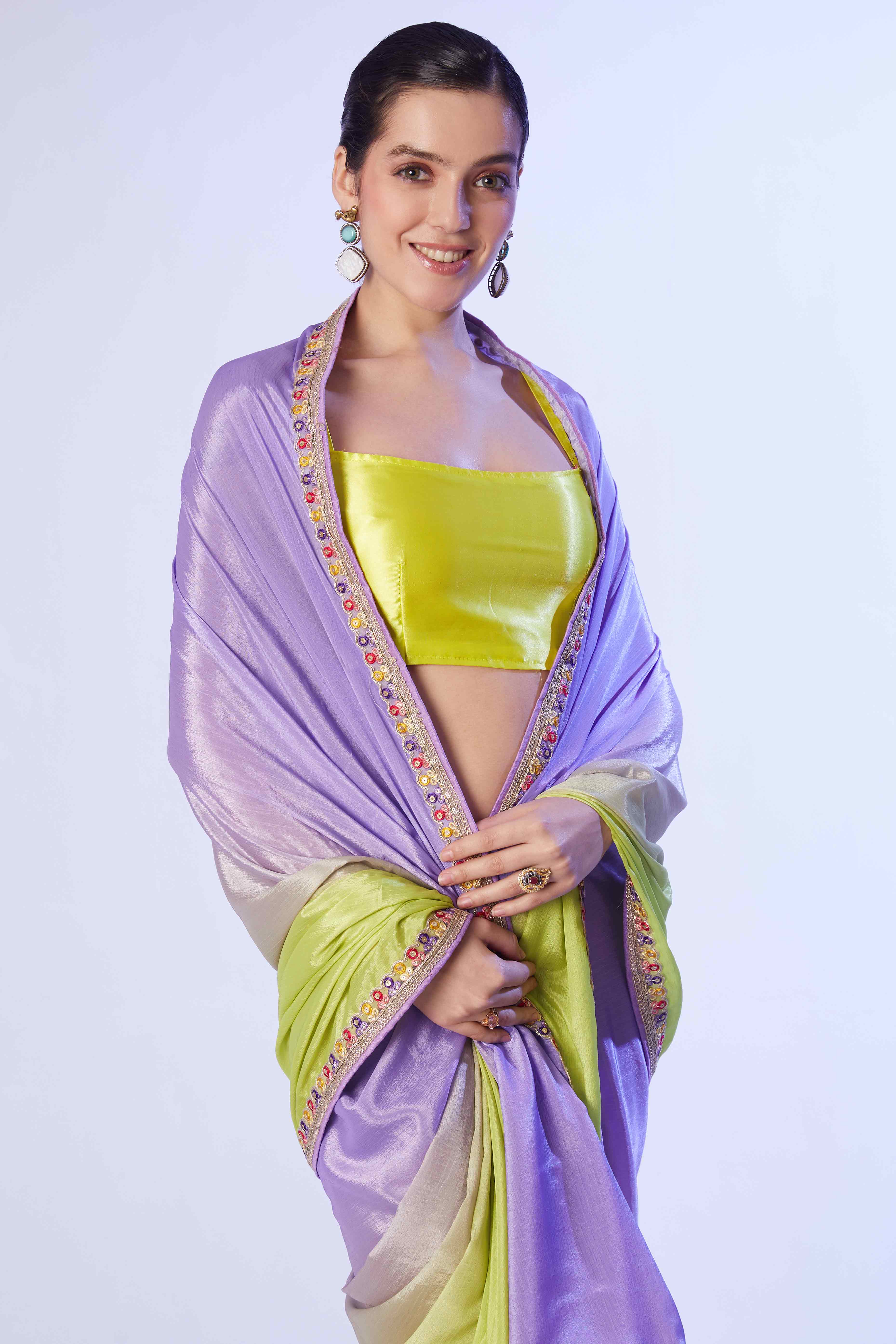 Green & Purple Ombre Bliss Chinon Solid Saree - Image 6