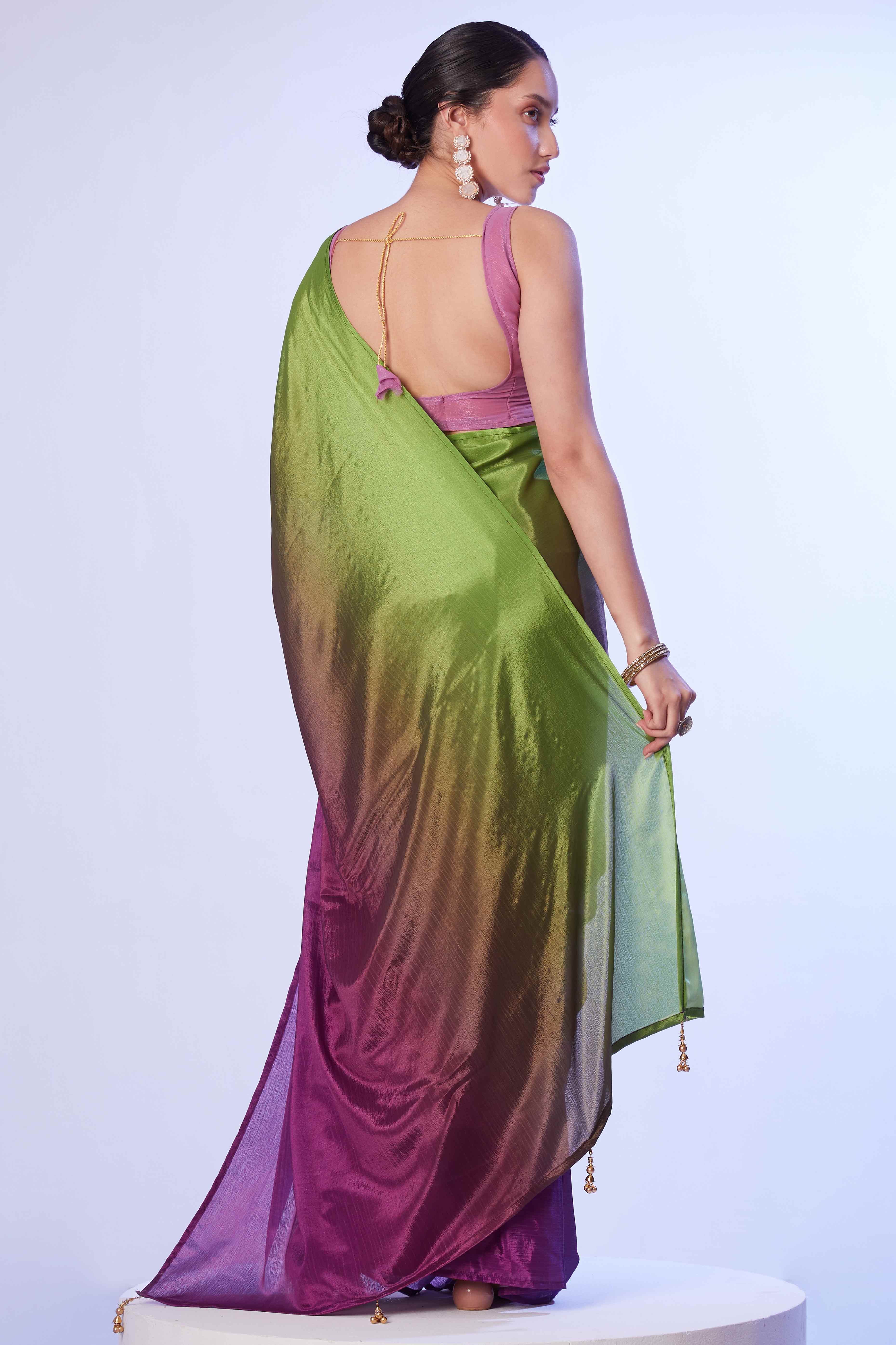 Green & Purple Ombre Bliss Chinon Solid Ready Made Saree - Image 5