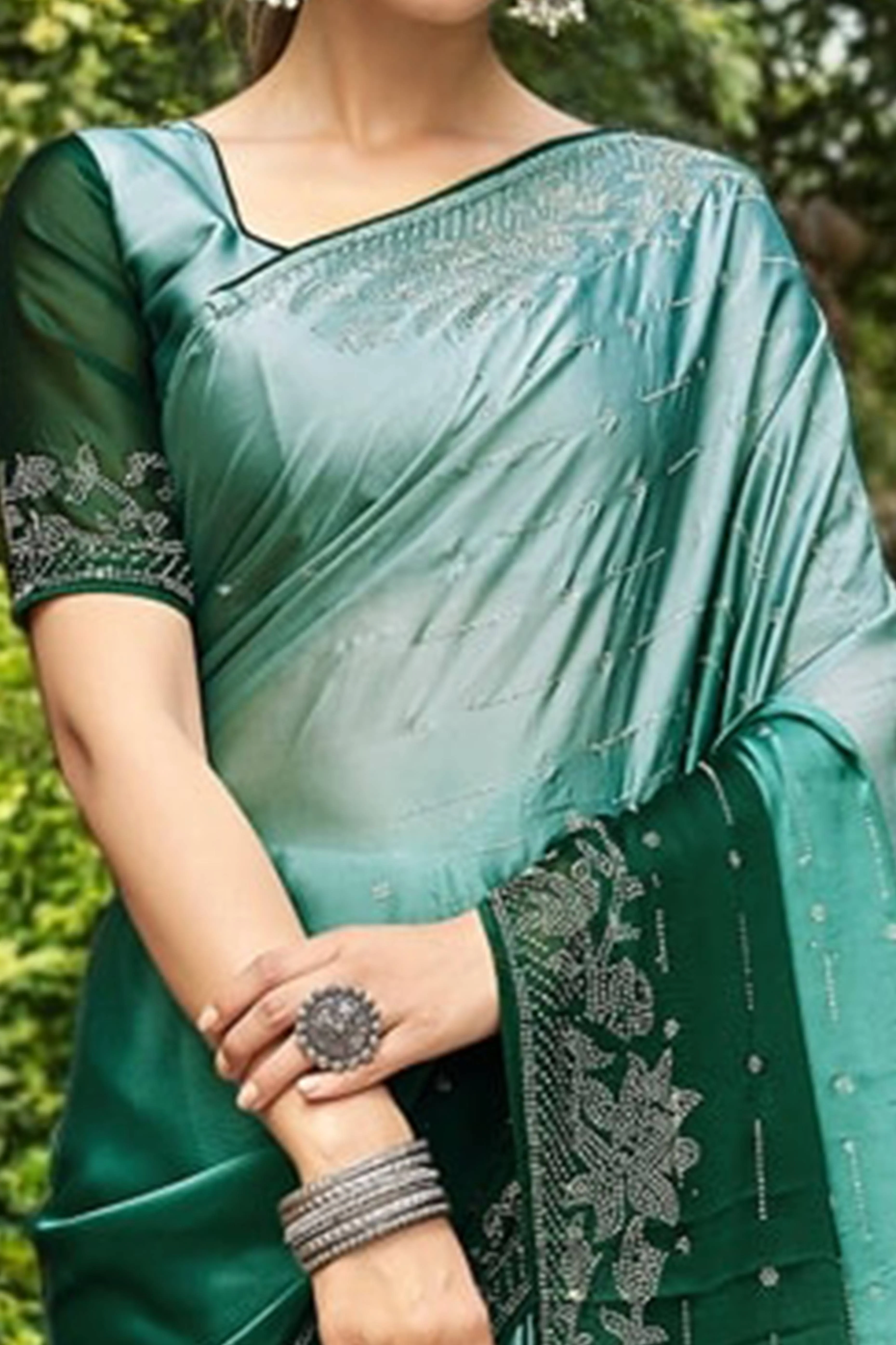 Green Rangoli Dola Silk Saree Adorned With Gleaming Swarovski Work & Classic Floral Border - Image 2