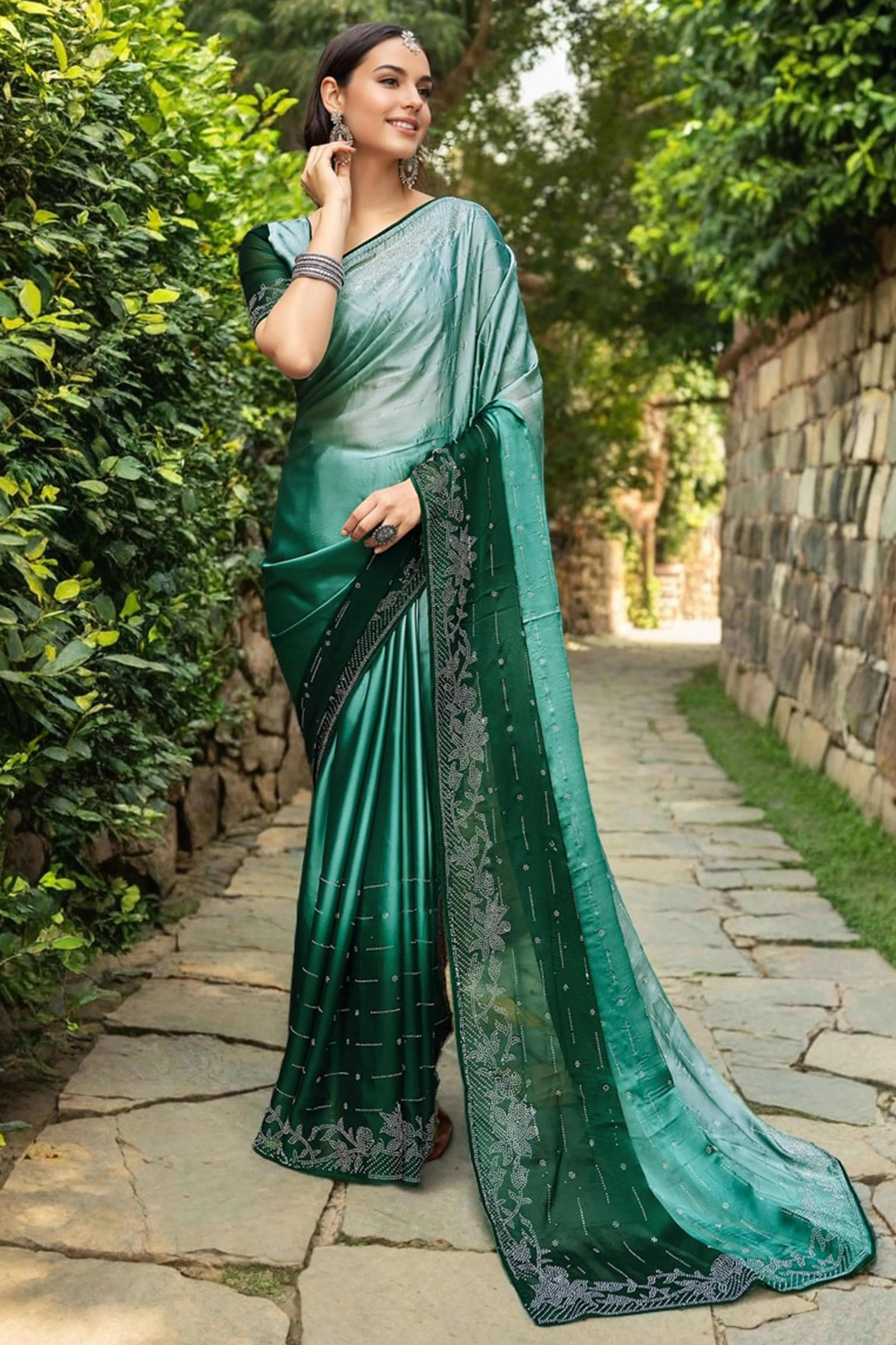 Green Rangoli Dola Silk Saree Adorned With Gleaming Swarovski Work & Classic Floral Border - Image 3