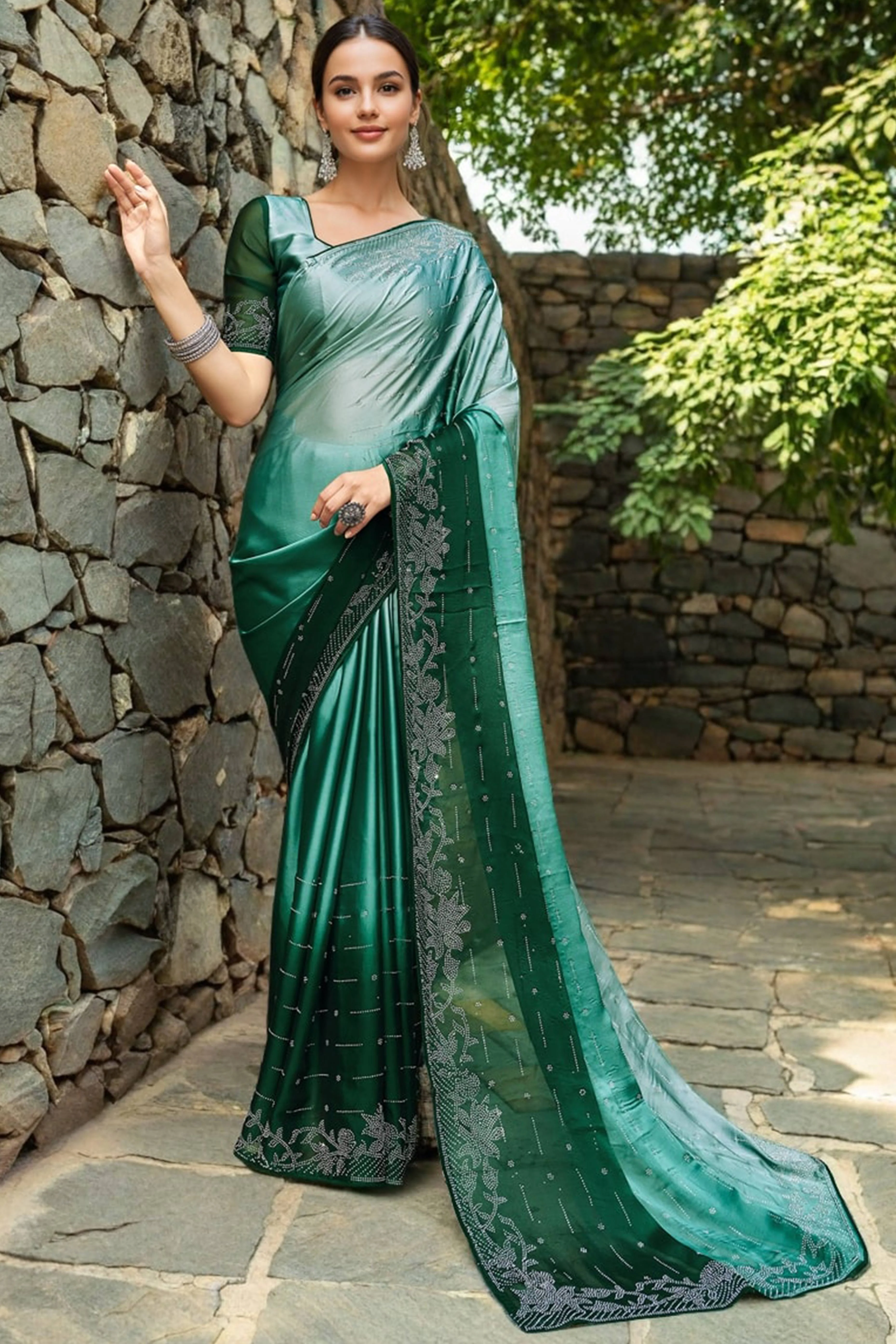 Green Rangoli Dola Silk Saree Adorned With Gleaming Swarovski Work & Classic Floral Border - Image 5