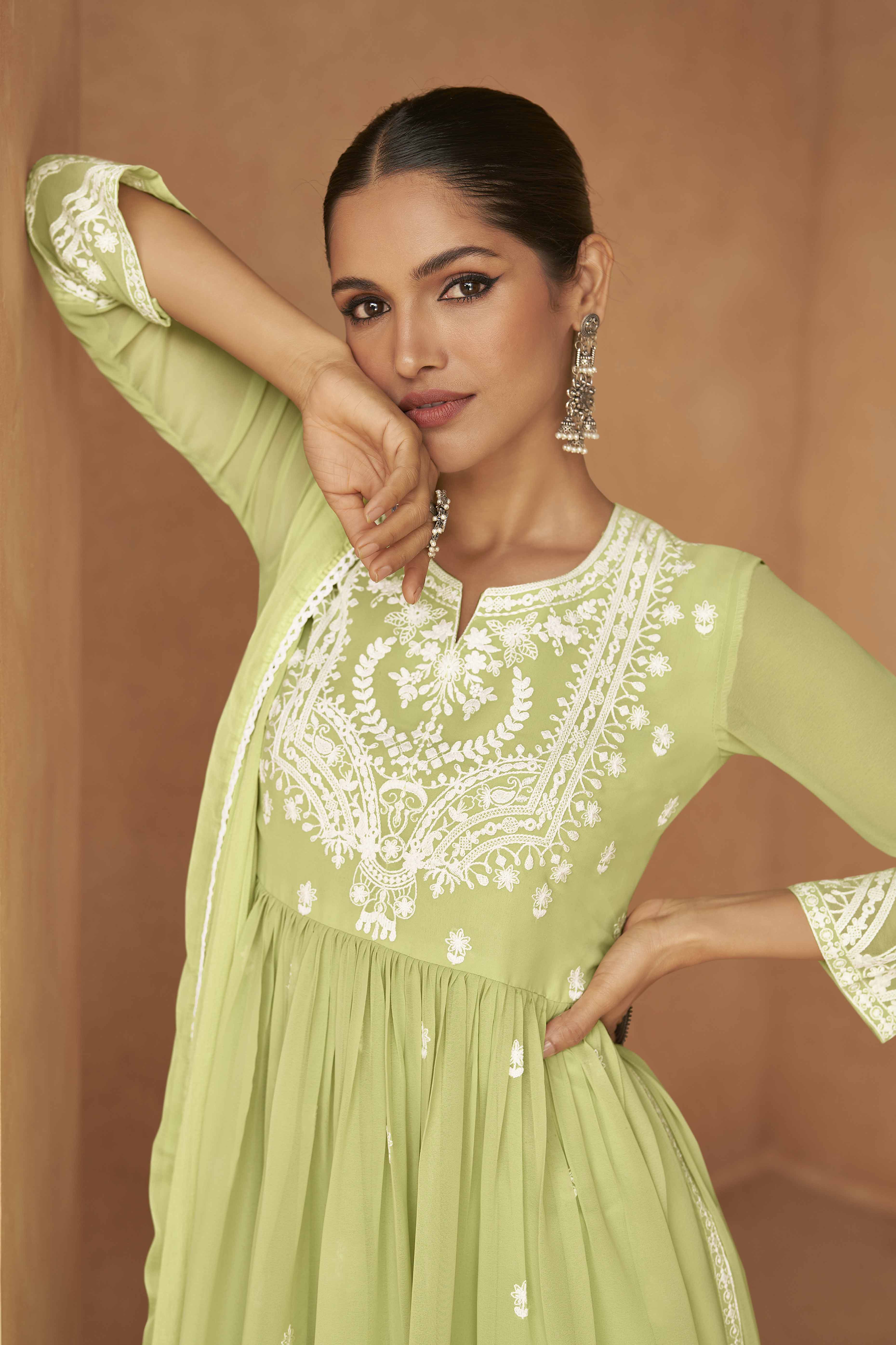 Green Rayon Palazzo Suit with Intricate Lucknowi Work - Image 3