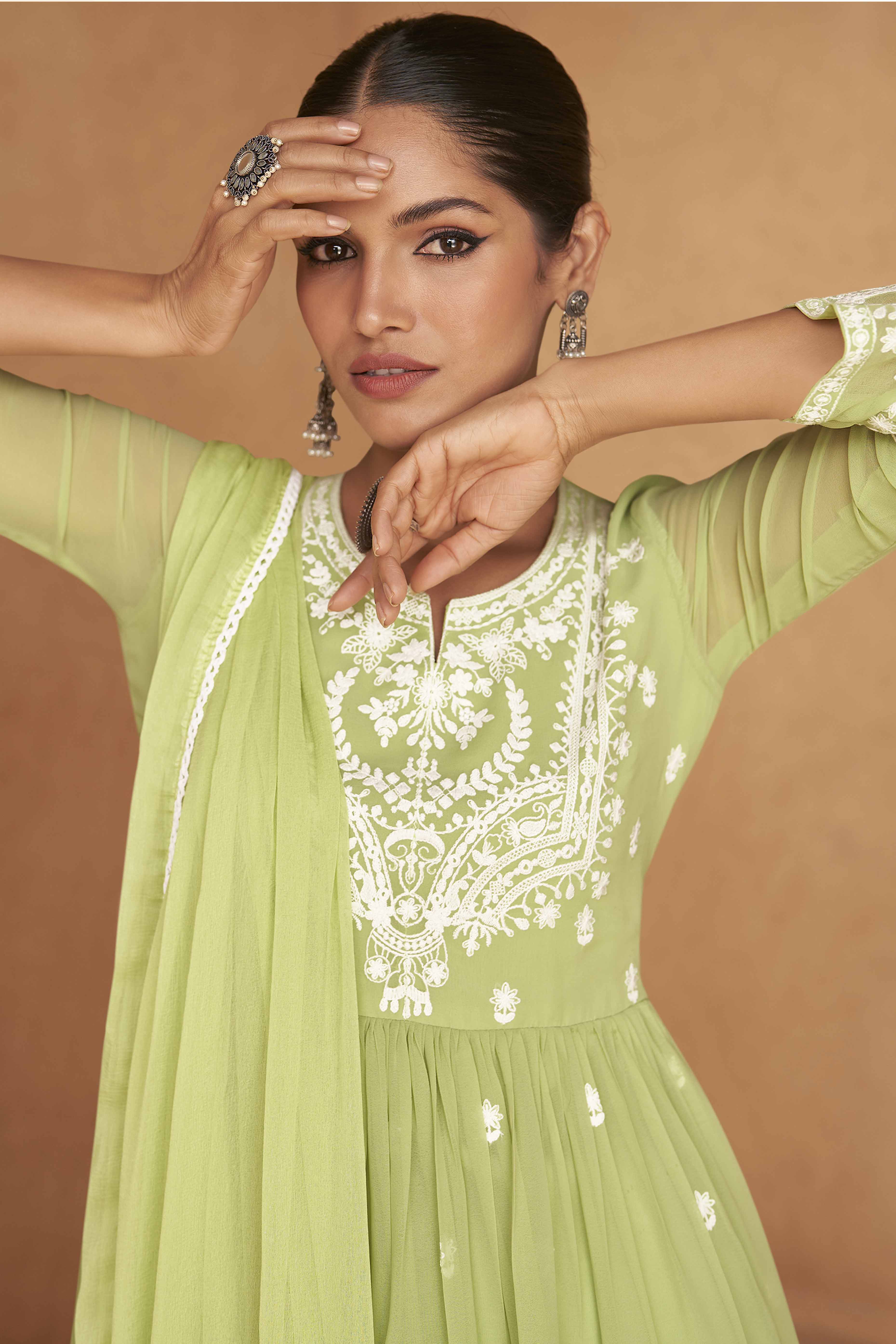 Green Rayon Palazzo Suit with Intricate Lucknowi Work - Image 4