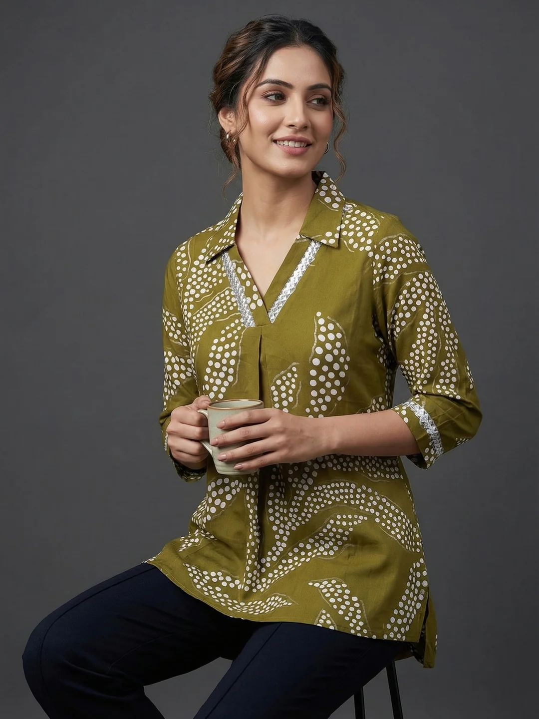 Green Rayon Top with White Print and Silver Detailing - Image 4