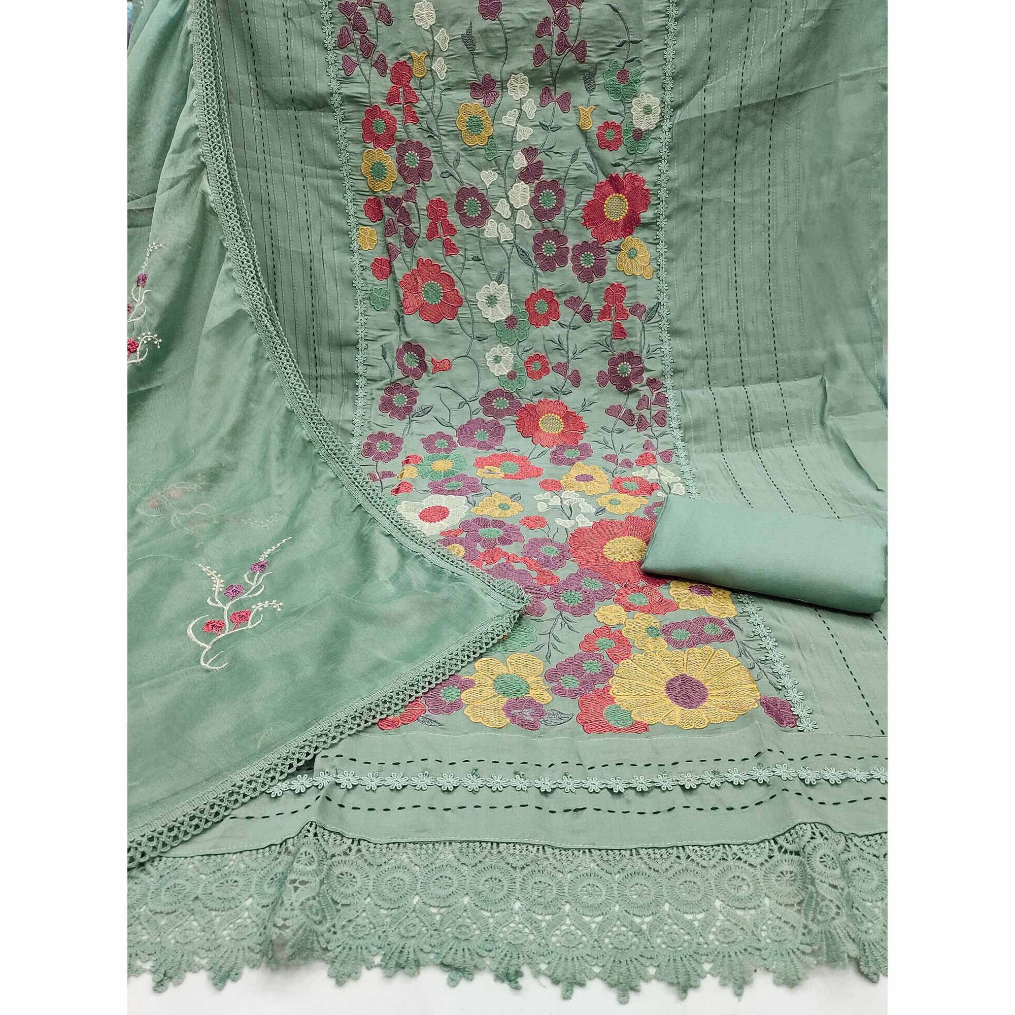 Green Roman Cotton Silk Dress Material Adorned With Elegant Floral Thread Embroidered Work - Image 4