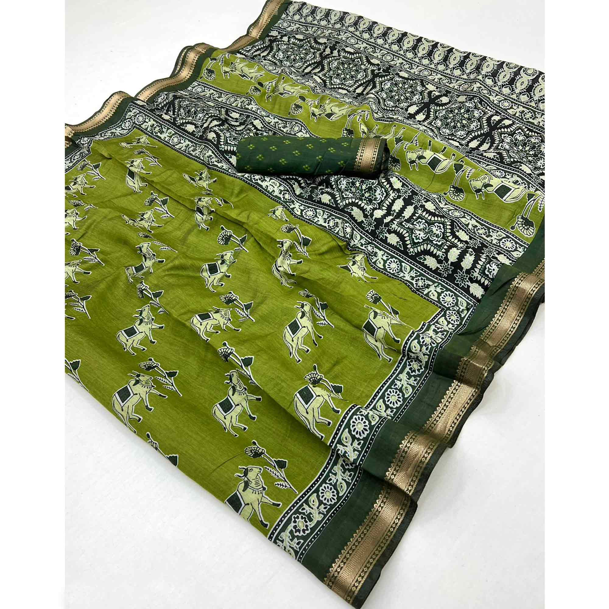 Green Rustic Handblock Folk Printed Mulmul Cotton Saree - Image 3
