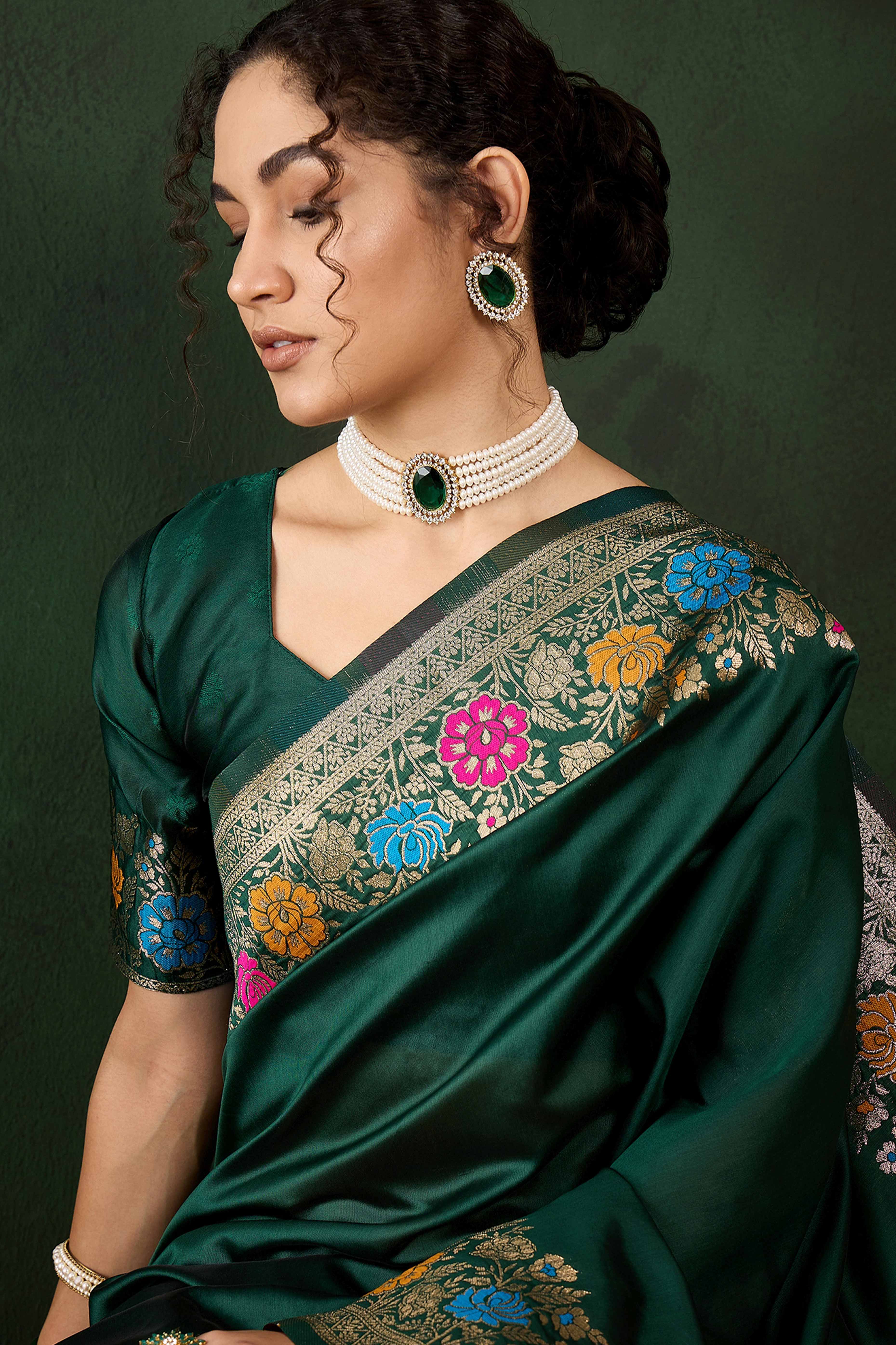 Green Saree In Poly Silk Blend Featuring Floral Zari Weaving & Tassel Accents - Image 6