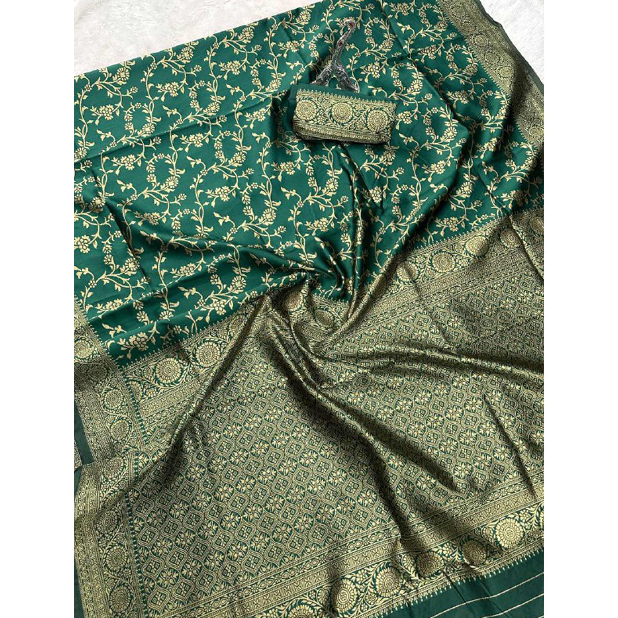 Green Saree in Pure Banarasi Silk with Artistically Woven Floral Zari Accents - Image 7