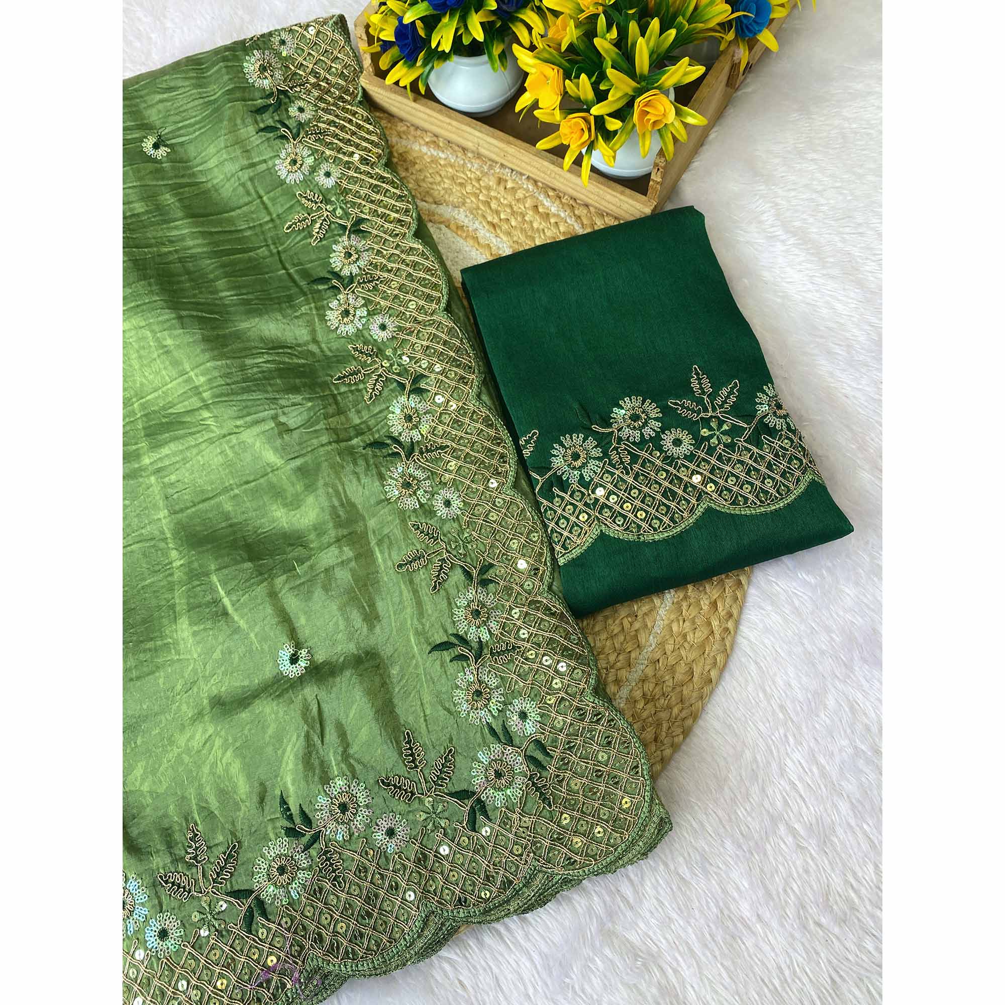 Green Saree in Tissue Fabric with Feminine Floral Embroidery - Image 3