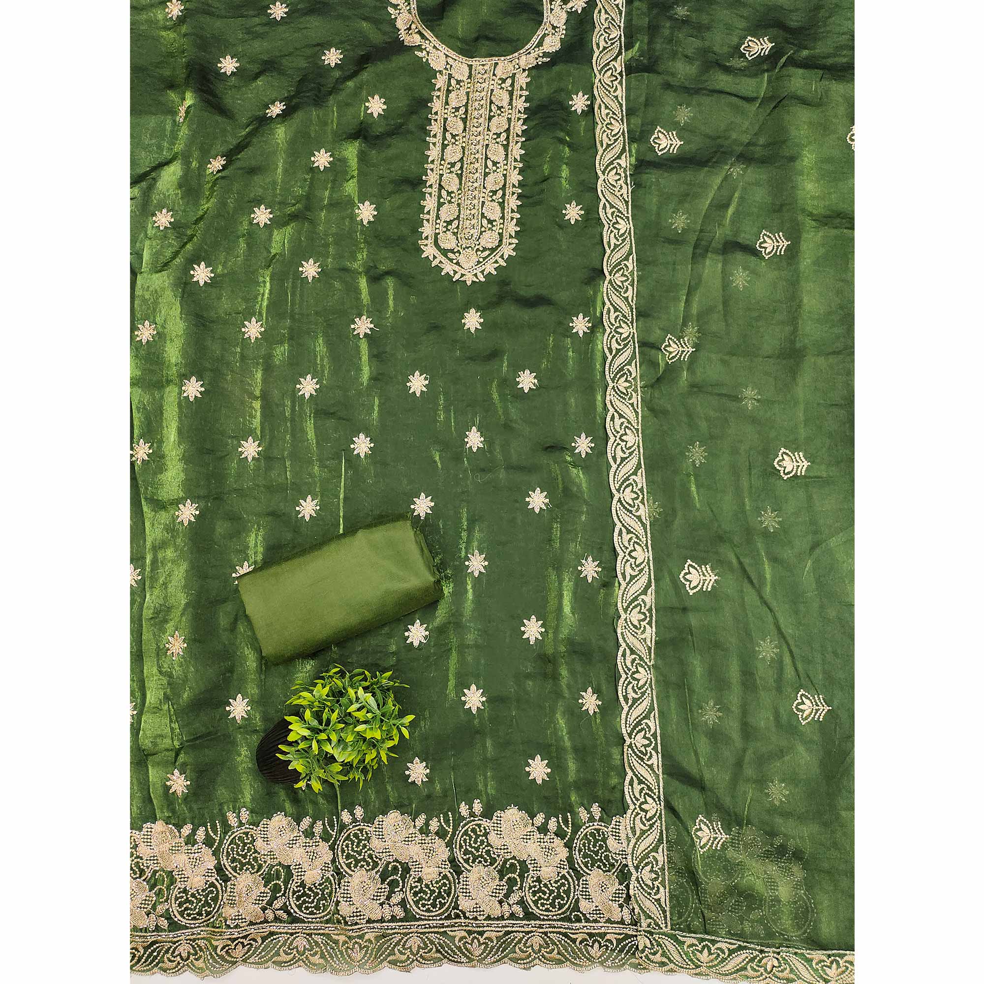 Green Satin Dress Material Featuring Exquisite Floral Embroidery With Detailed Handwork Accents - Image 3