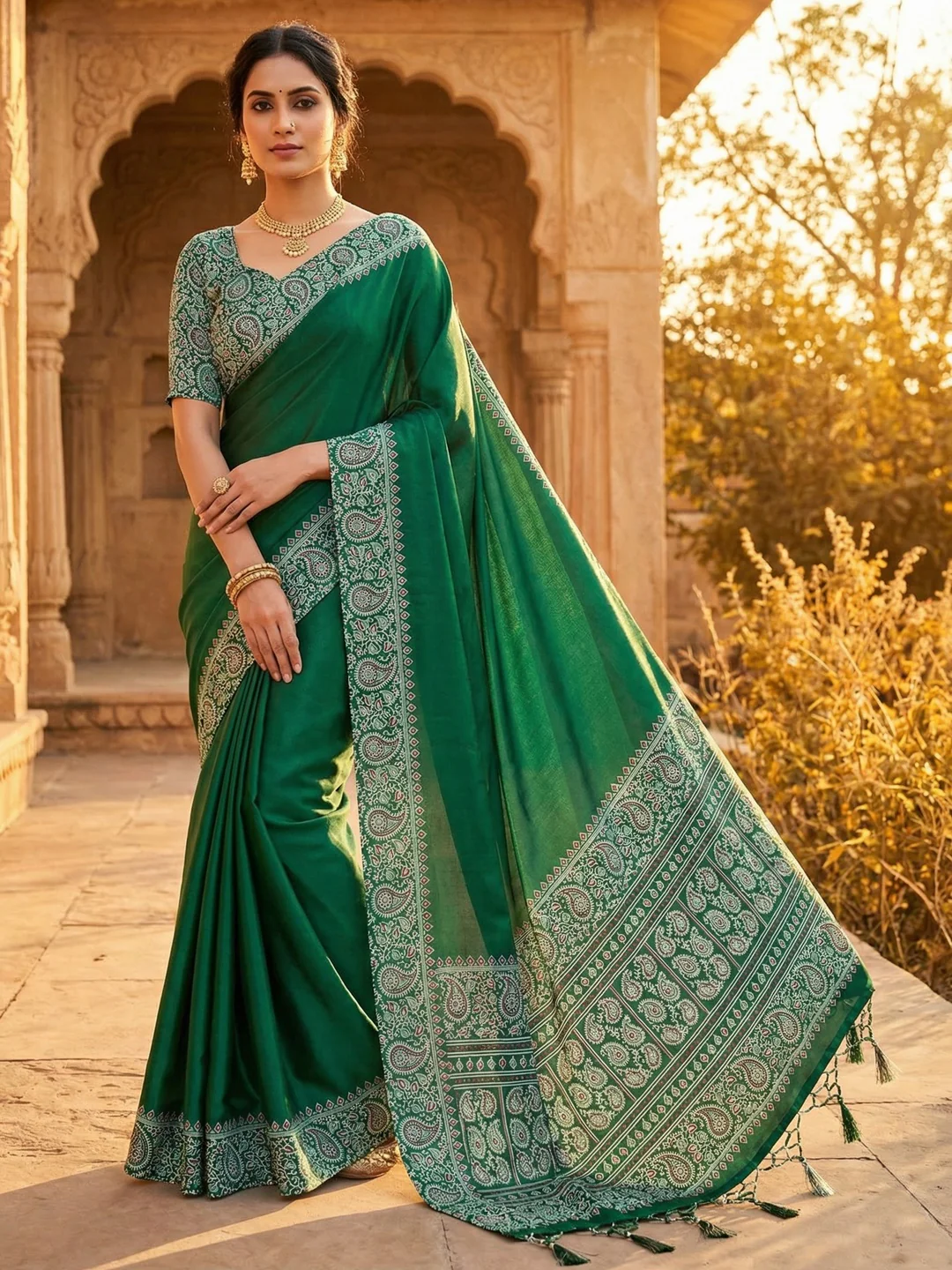Green Satin Saree In Ajrakh Floral Print With Tassel Adorned Pallu