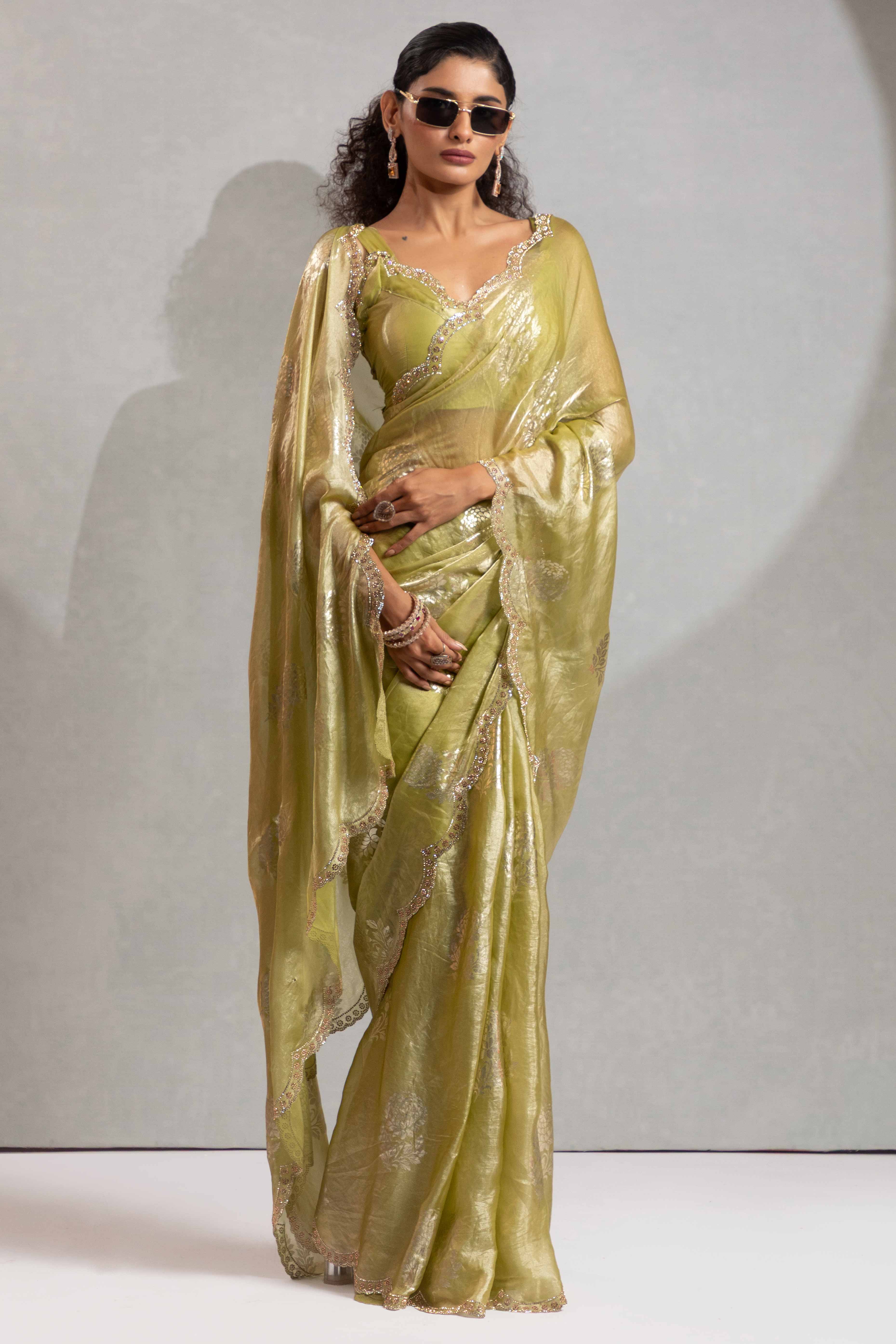Green Satin Silk Saree Showcasing Elegant Floral Foil Prints & Dazzling Zarkan Work - Image 3