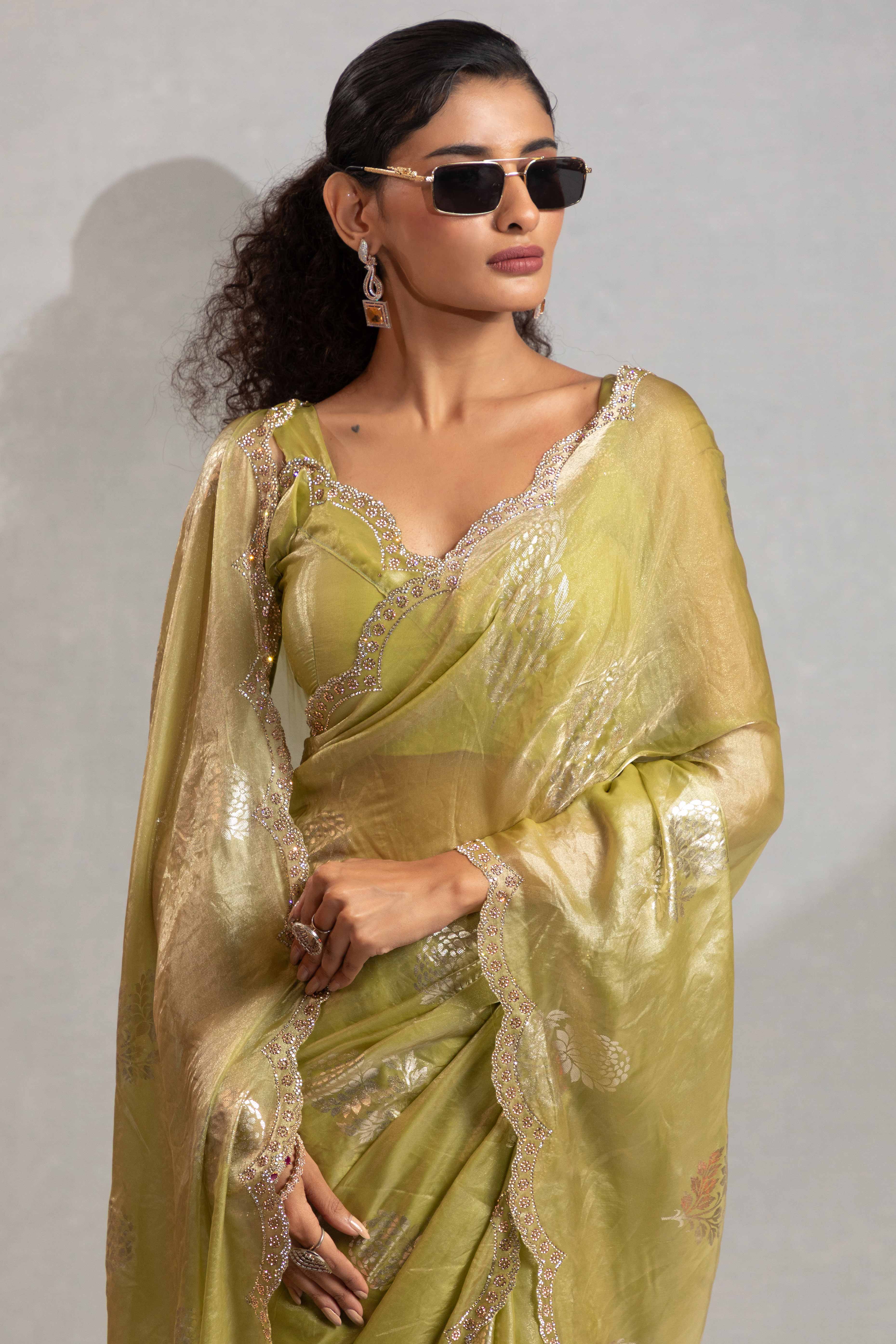 Green Satin Silk Saree Showcasing Elegant Floral Foil Prints & Dazzling Zarkan Work - Image 5