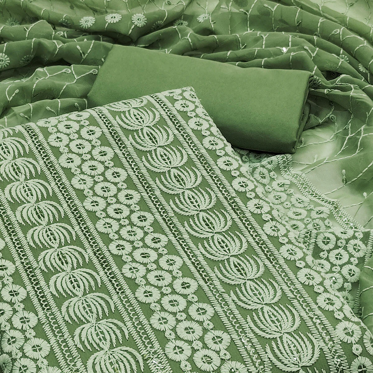 Green Sequin Embroidered Georgette Dress Material - Image 2