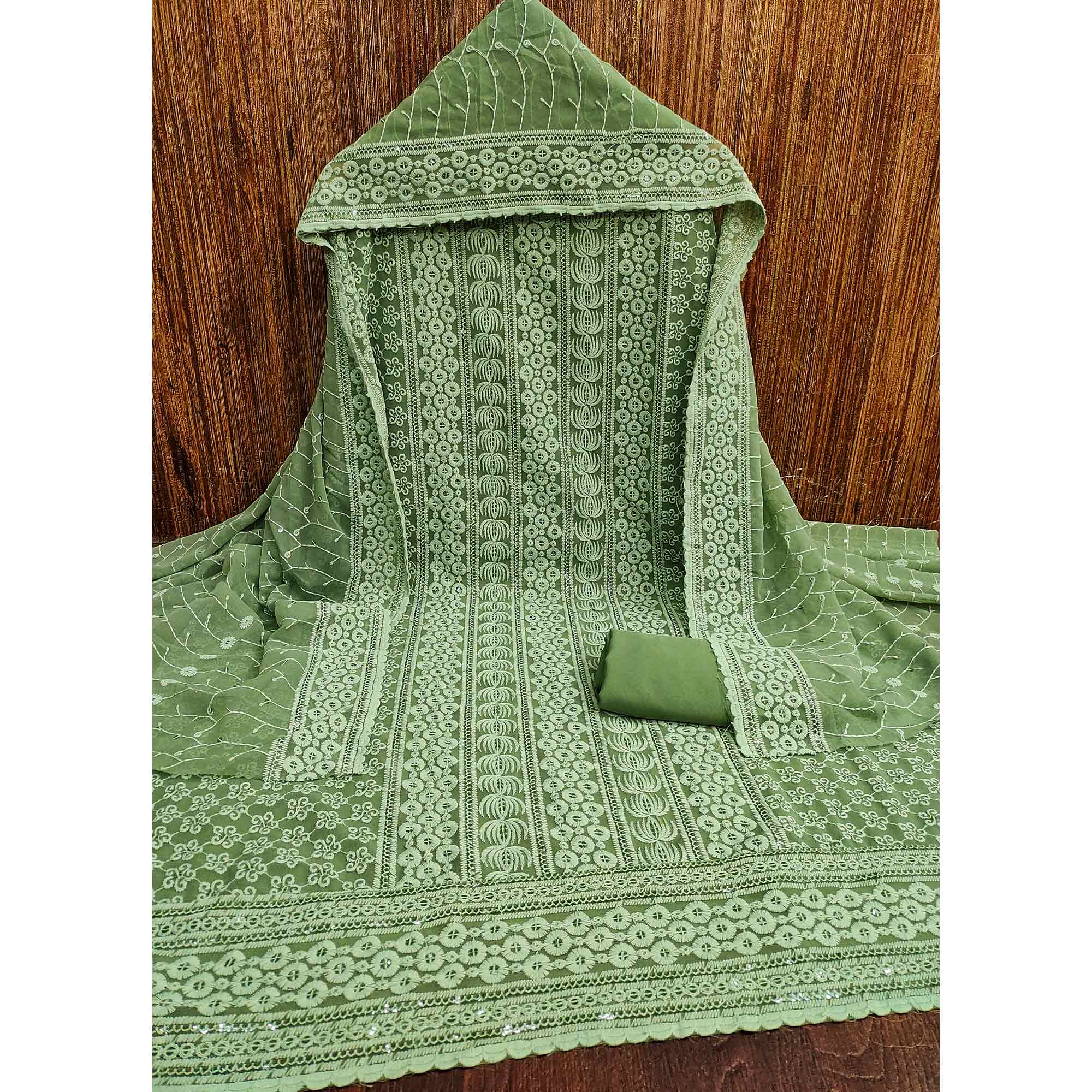 Green Sequin Embroidered Georgette Dress Material - Image 3
