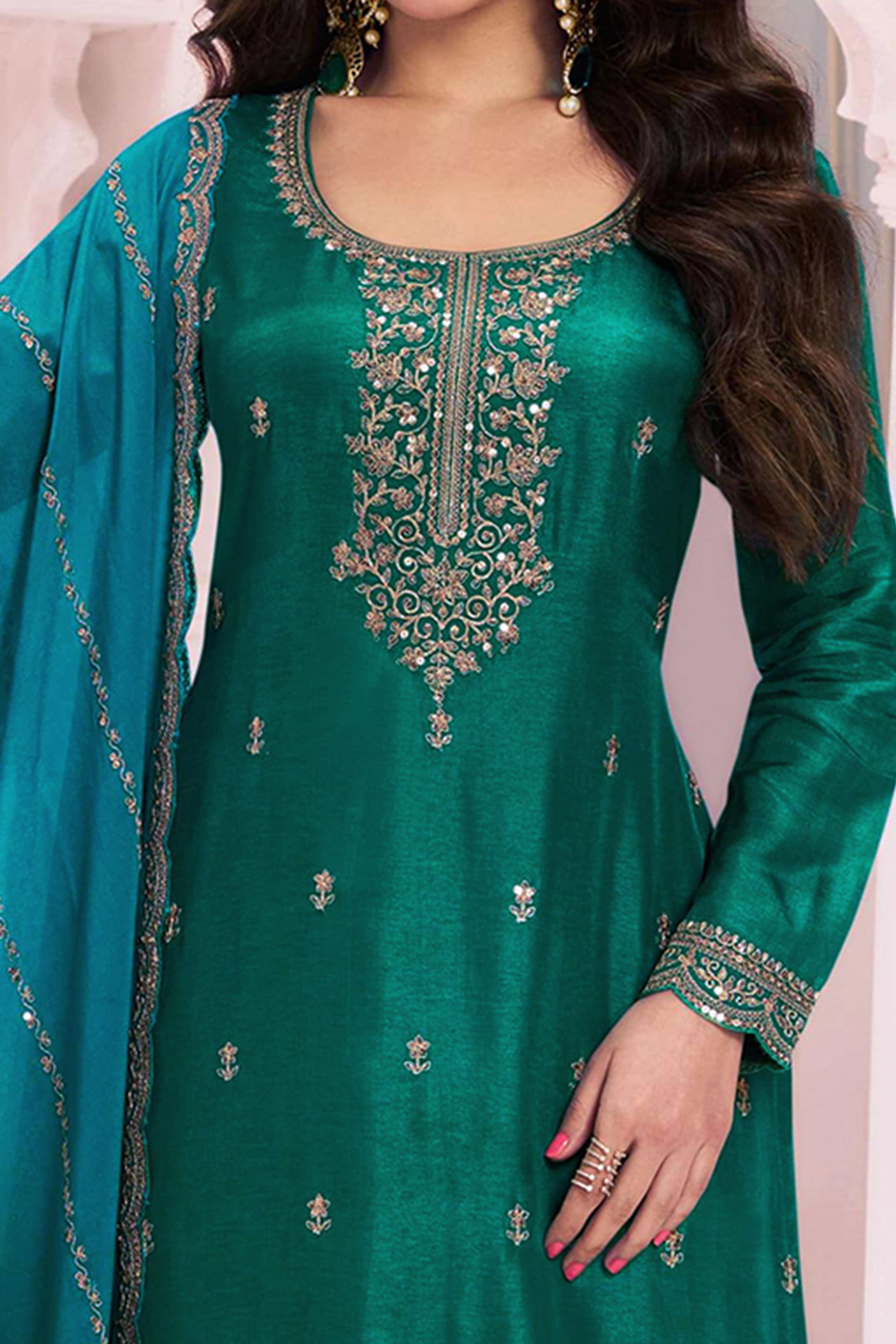 Green Sequins Embroidered Butti Vichitra Silk Semi Stitched Salwar Suit - Image 2