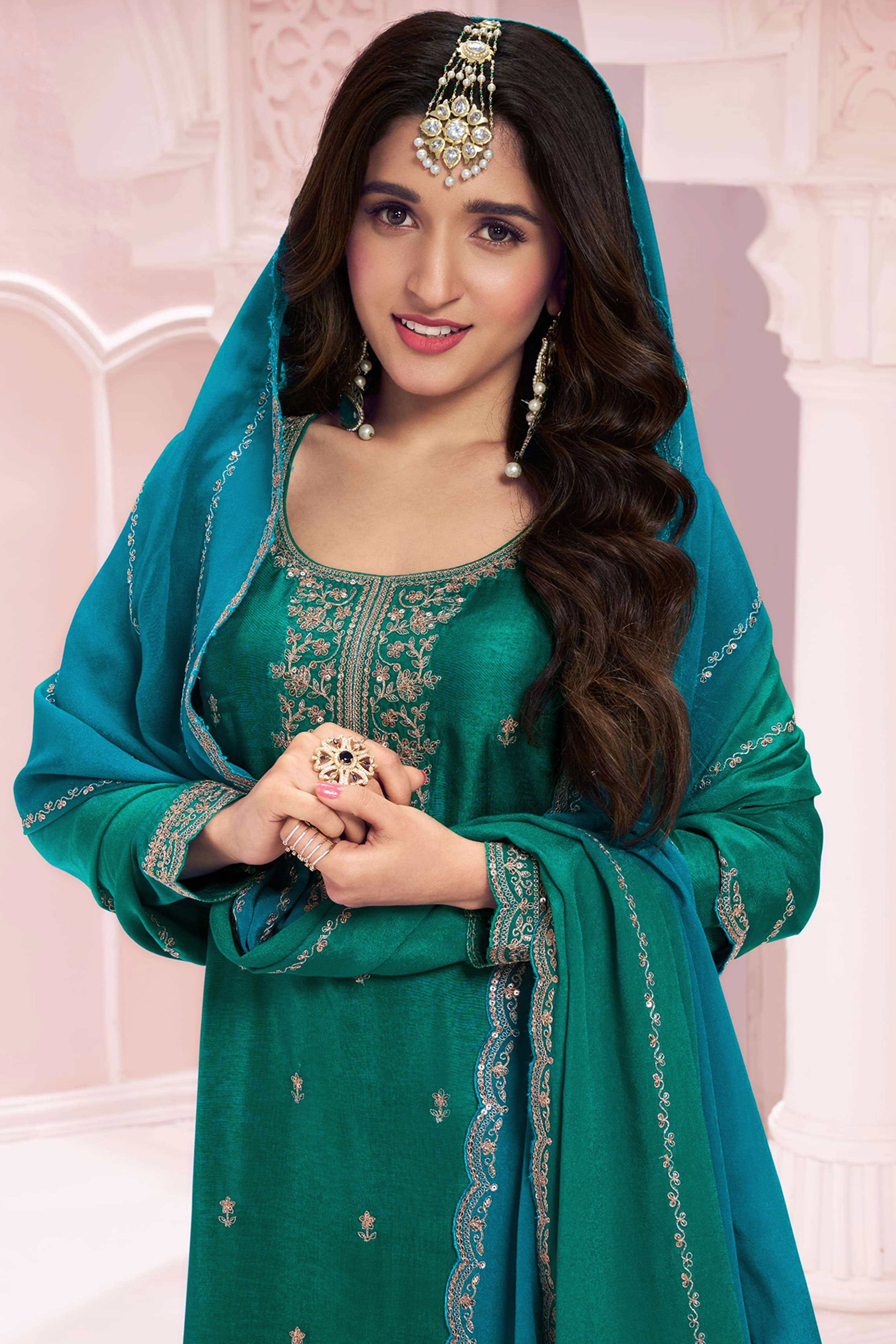 Green Sequins Embroidered Butti Vichitra Silk Semi Stitched Salwar Suit - Image 3